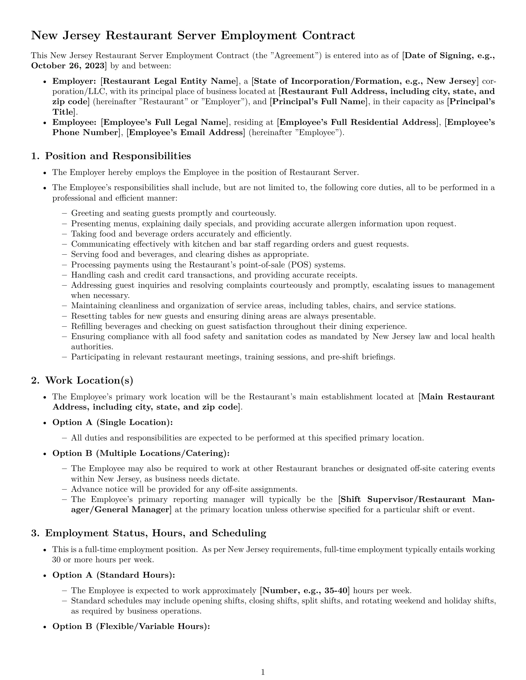 Preview page 1 of Pro New Jersey restaurant server employment contract template