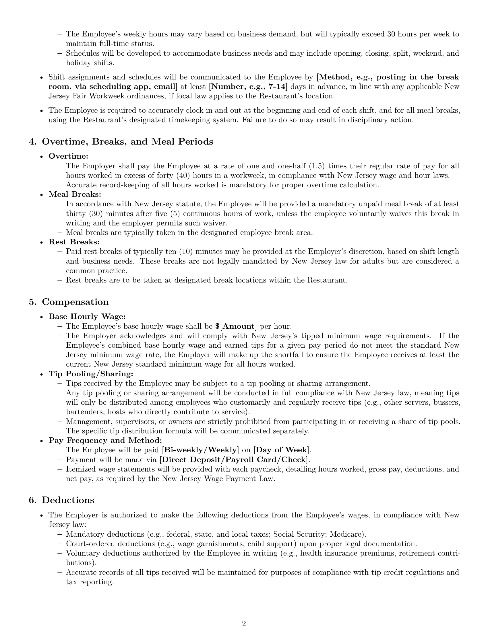 Preview page 2 of Pro New Jersey restaurant server employment contract template