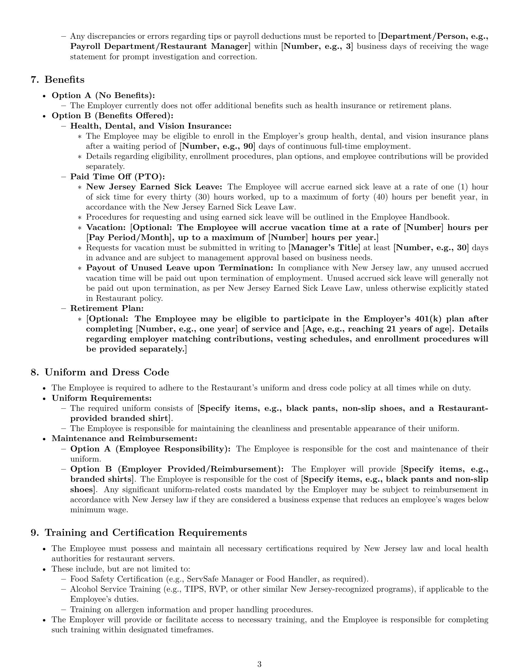 Preview page 3 of Pro New Jersey restaurant server employment contract template
