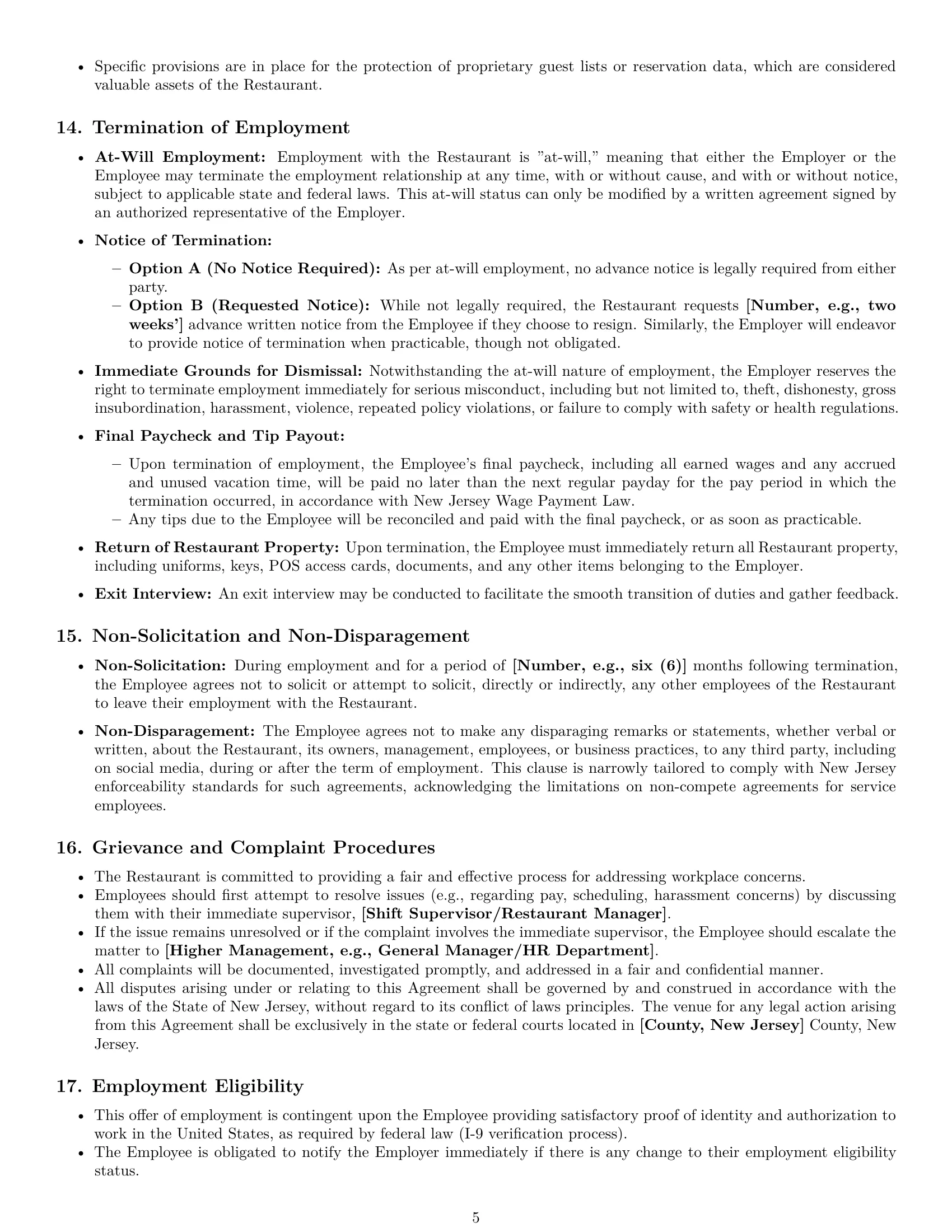Preview page 5 of Pro New Jersey restaurant server employment contract template