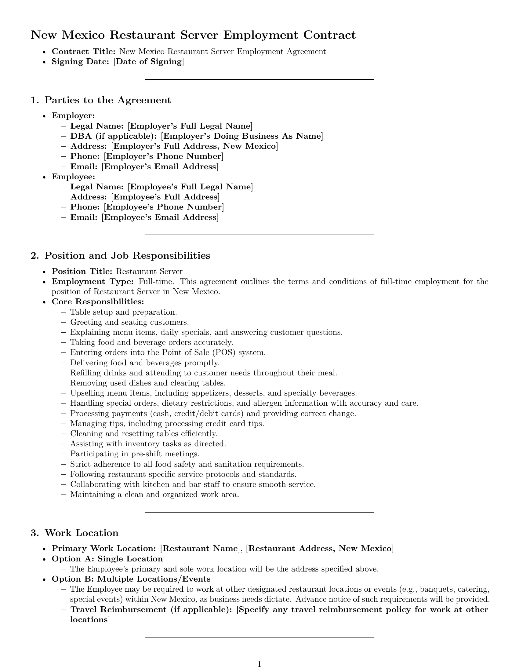 Preview page 1 of Pro New Mexico restaurant server employment contract template