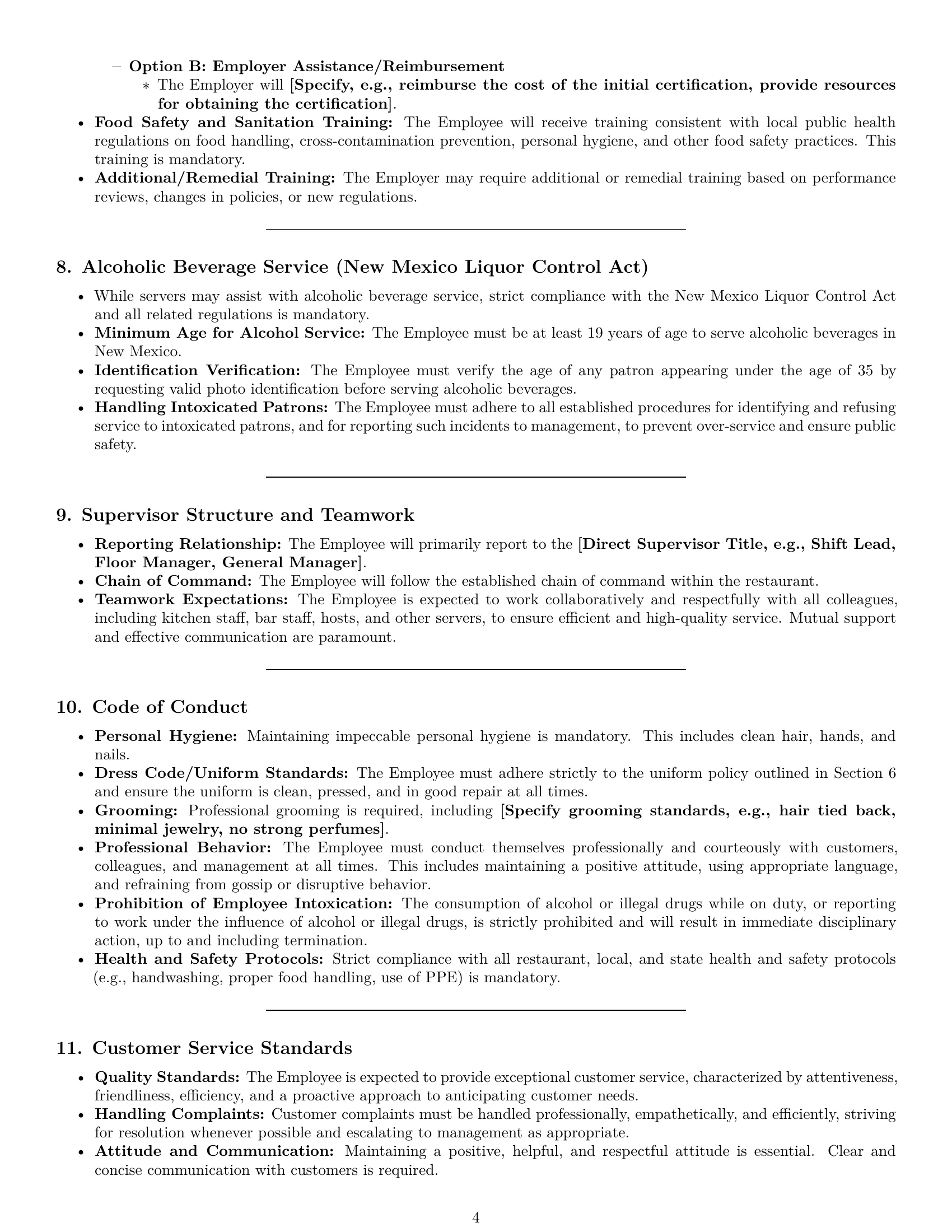 Preview page 4 of Pro New Mexico restaurant server employment contract template
