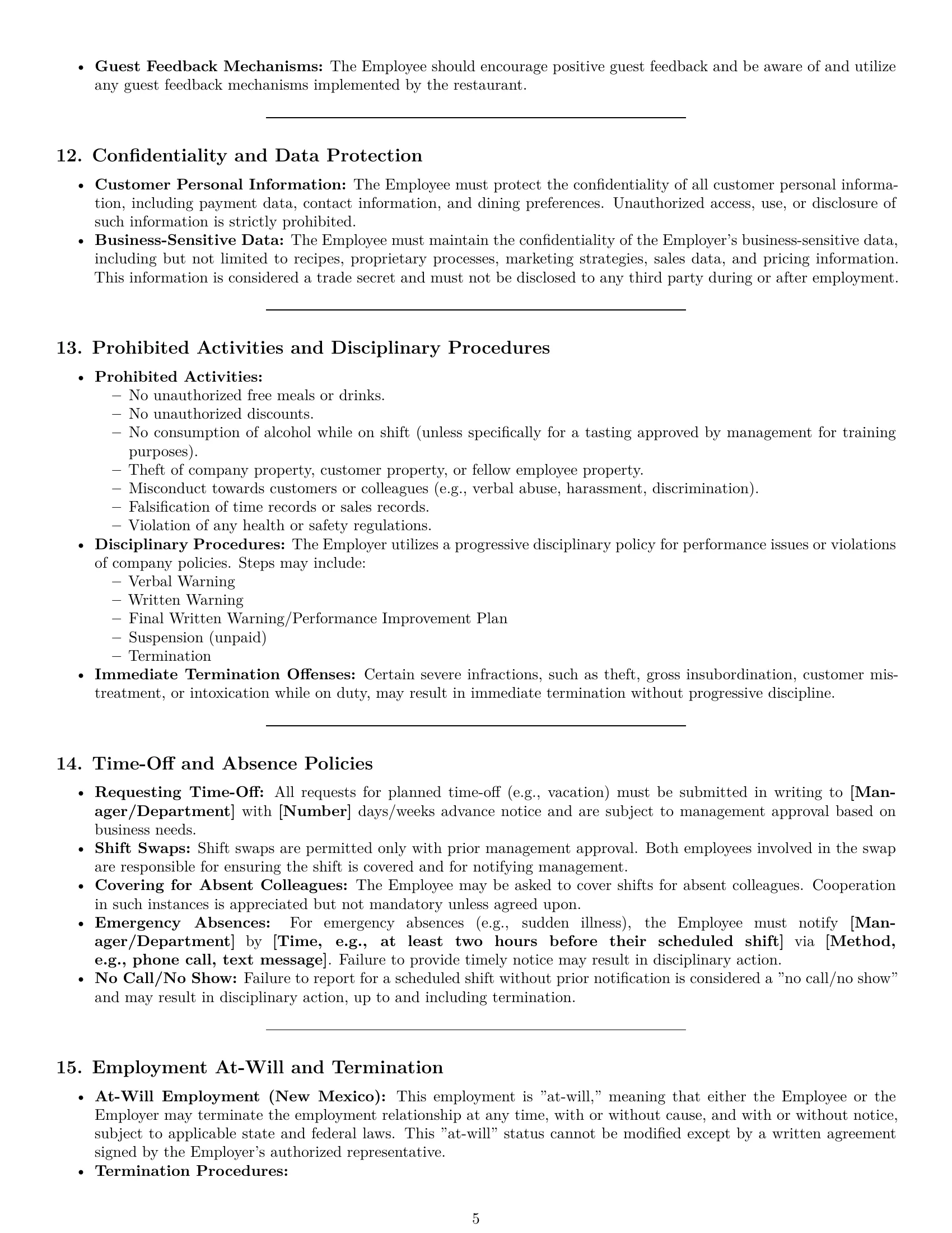 Preview page 5 of Pro New Mexico restaurant server employment contract template