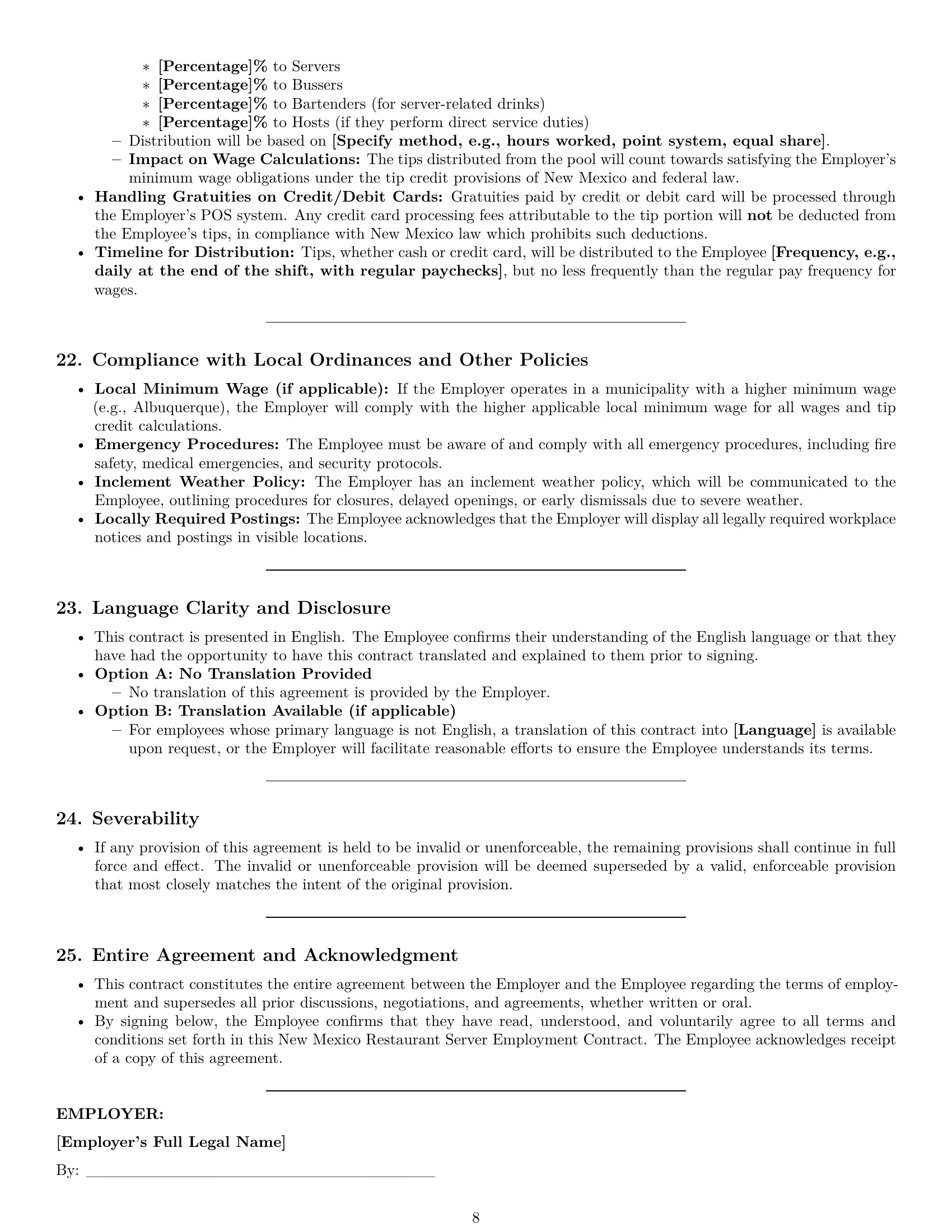 Preview page 8 of Pro New Mexico restaurant server employment contract template