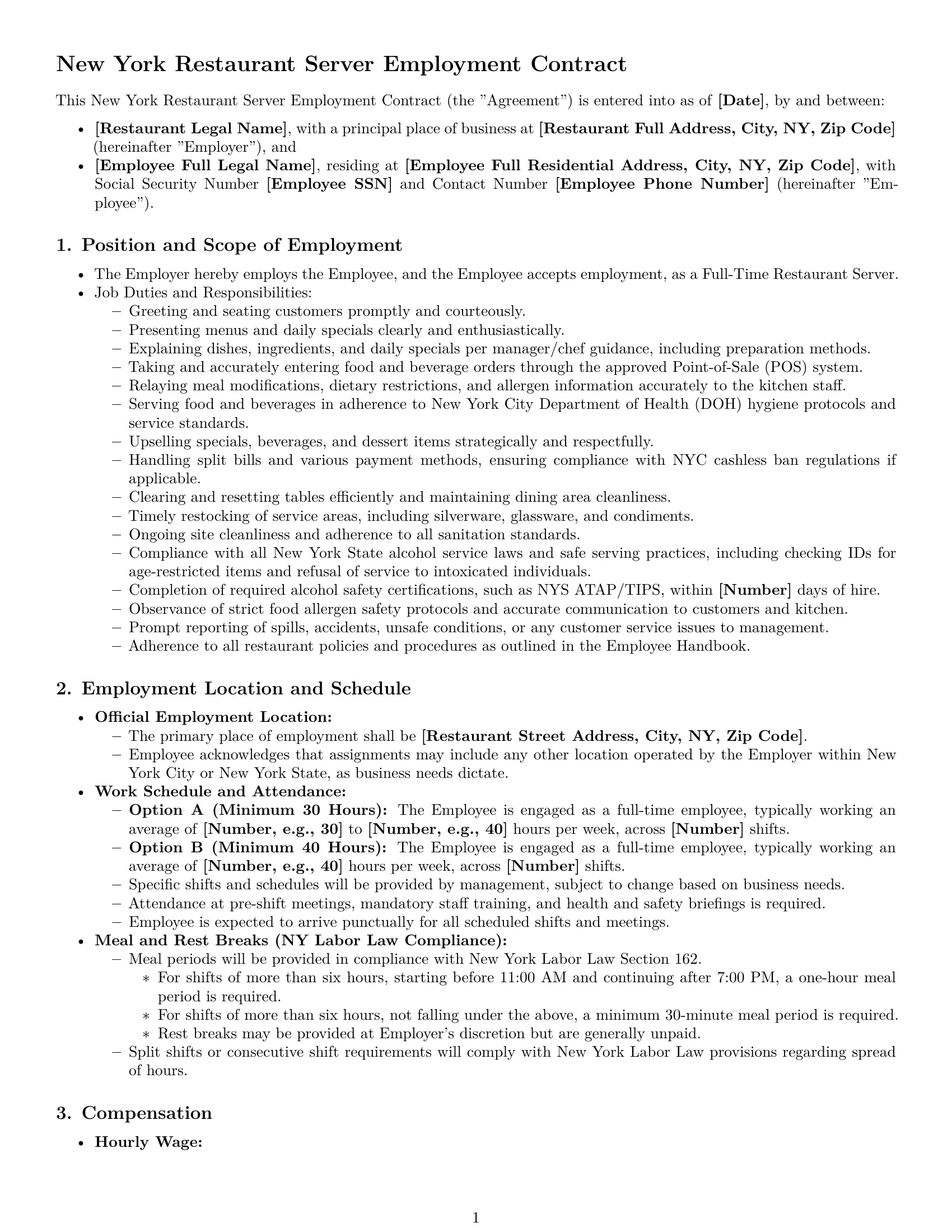 Preview page 1 of Pro New York restaurant server employment contract template