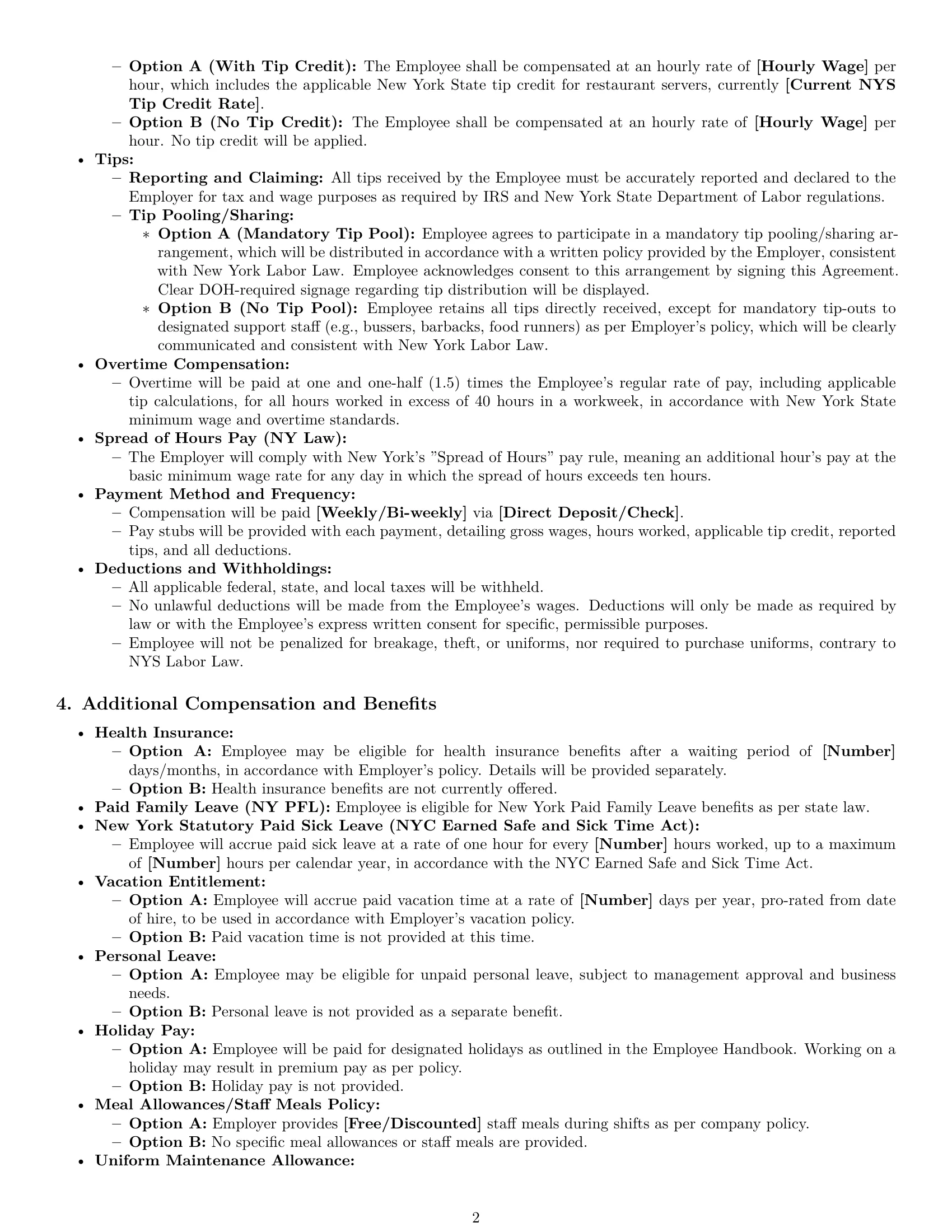 Preview page 2 of Pro New York restaurant server employment contract template