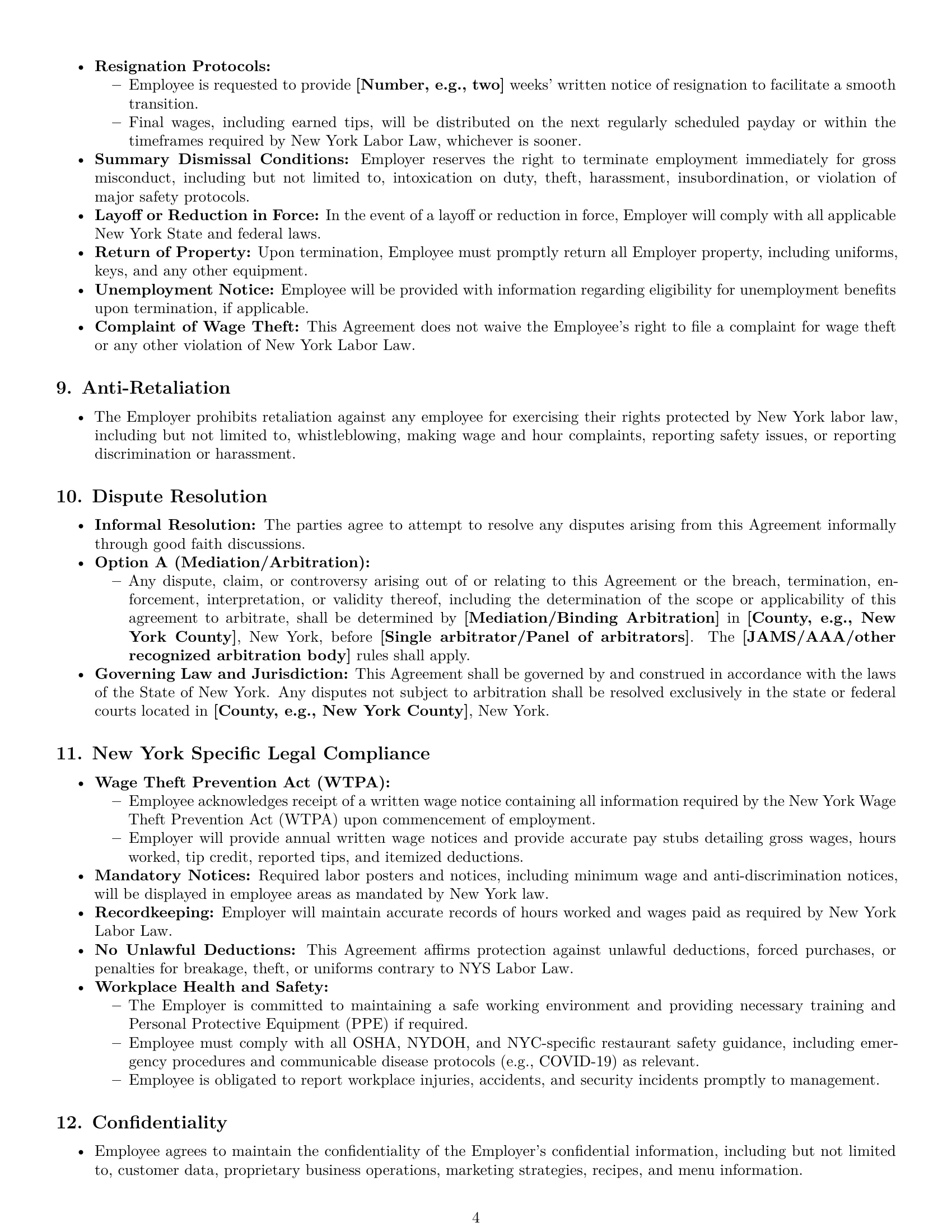 Preview page 4 of Pro New York restaurant server employment contract template