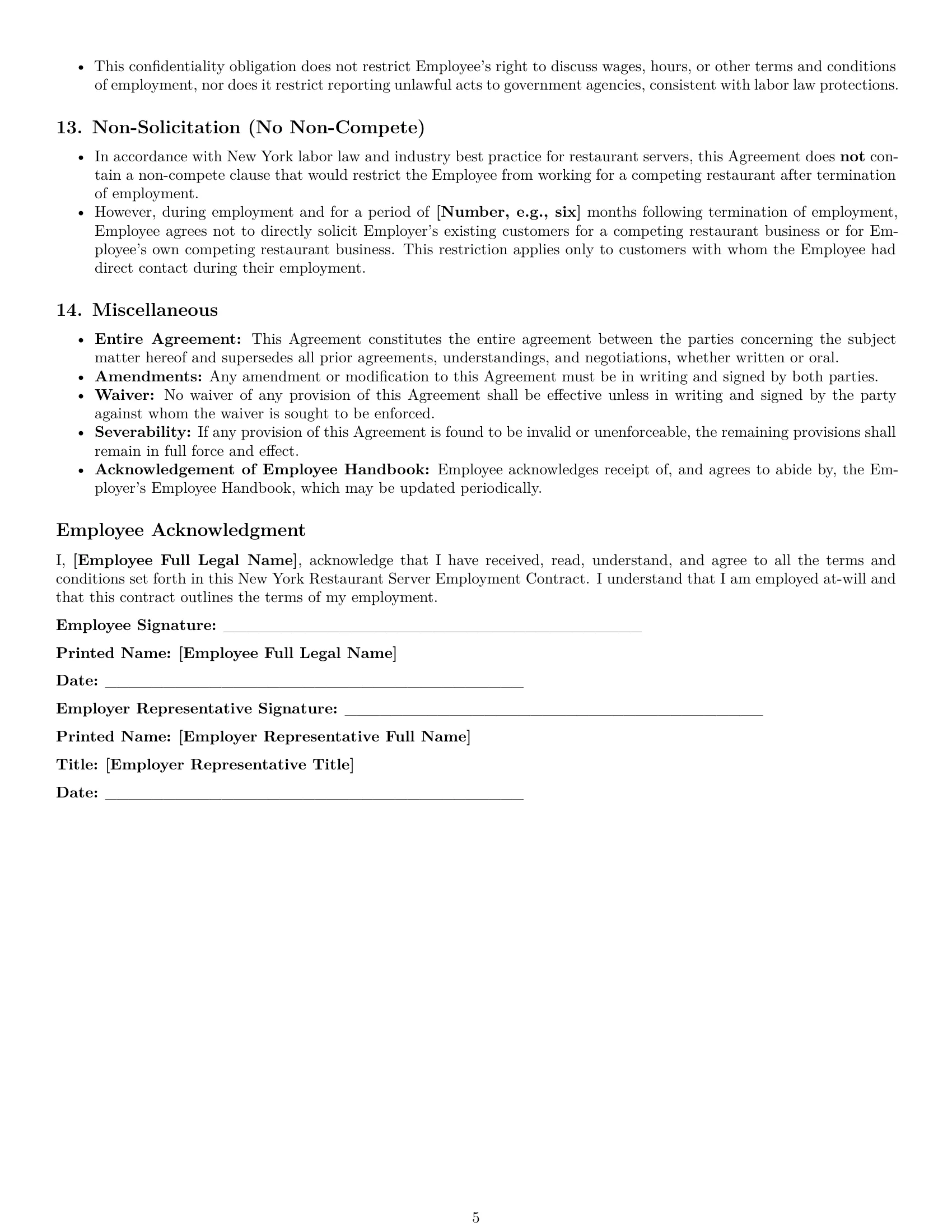 Preview page 5 of Pro New York restaurant server employment contract template