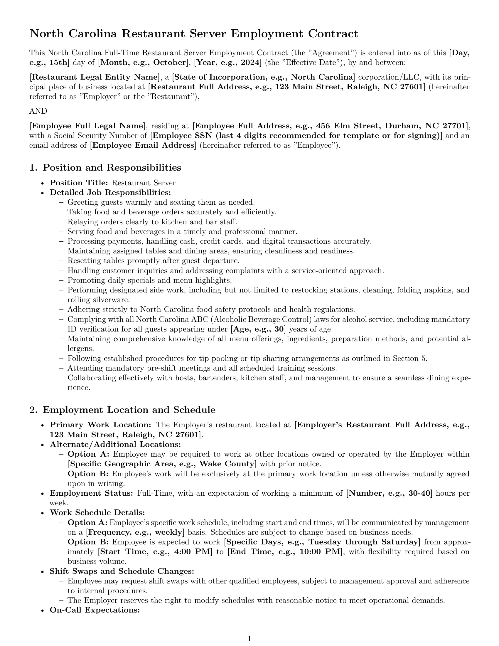 Preview page 1 of Pro North Carolina restaurant server employment contract template