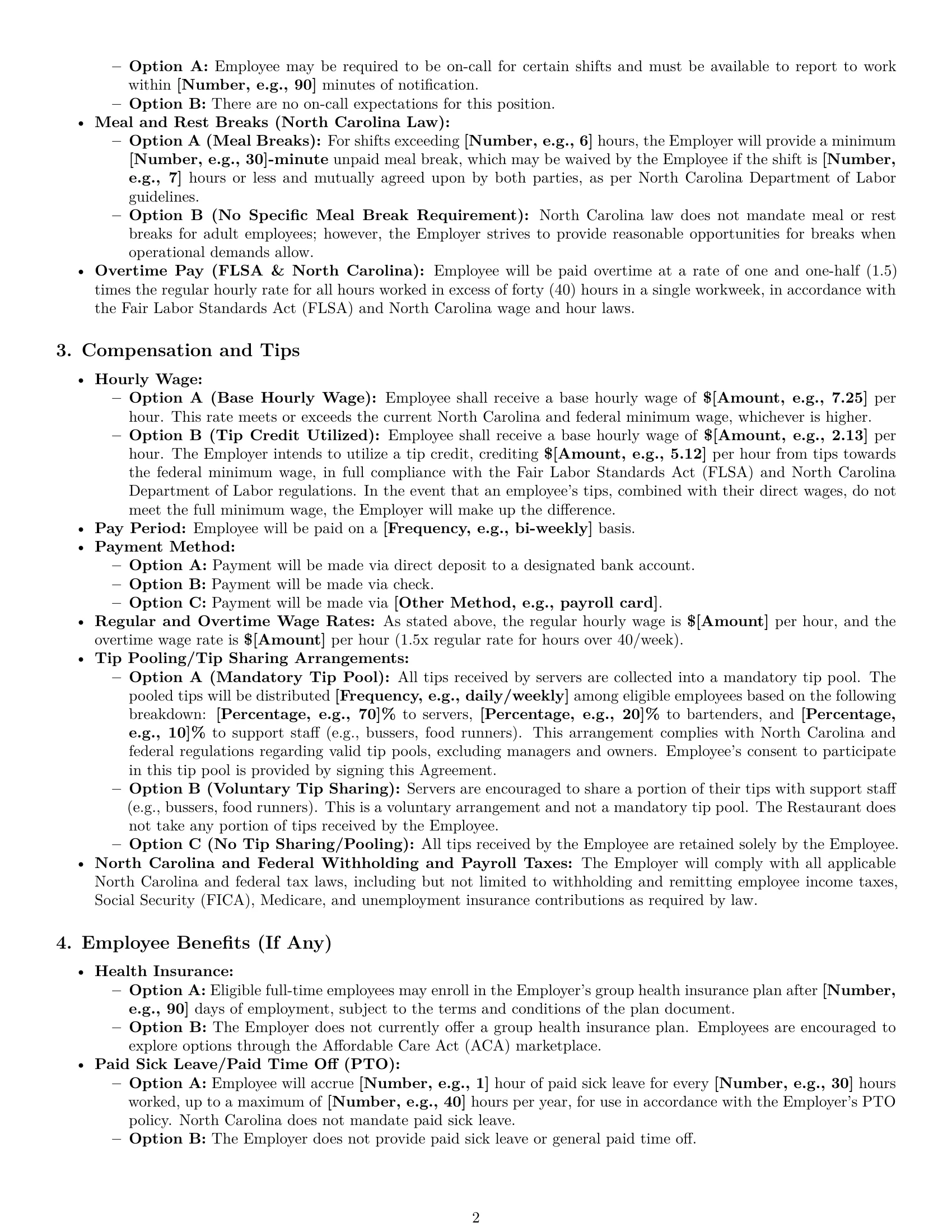 Preview page 2 of Pro North Carolina restaurant server employment contract template