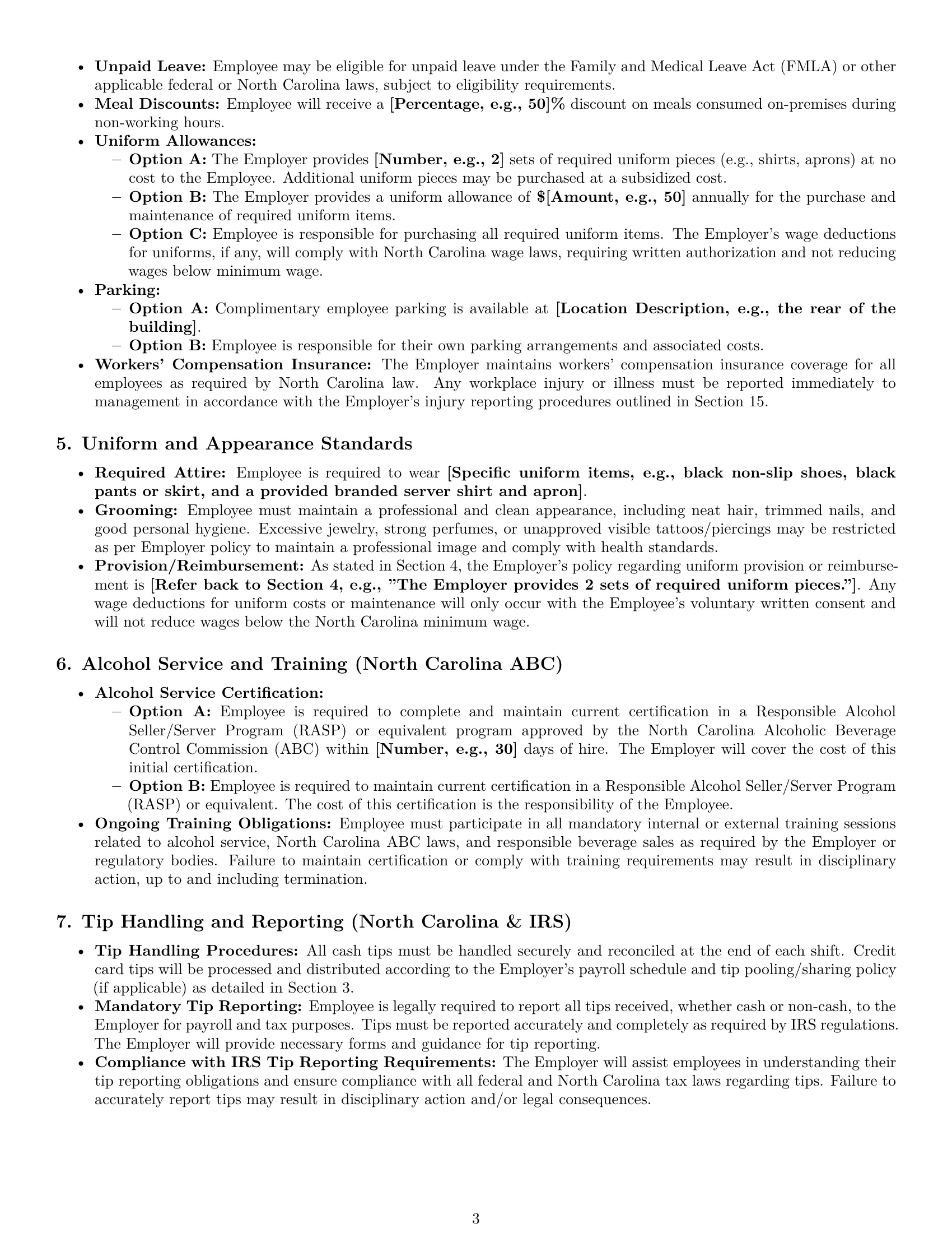 Preview page 3 of Pro North Carolina restaurant server employment contract template