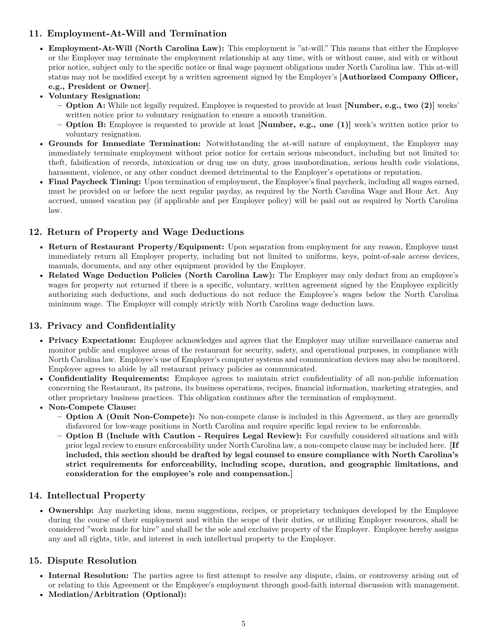 Preview page 5 of Pro North Carolina restaurant server employment contract template