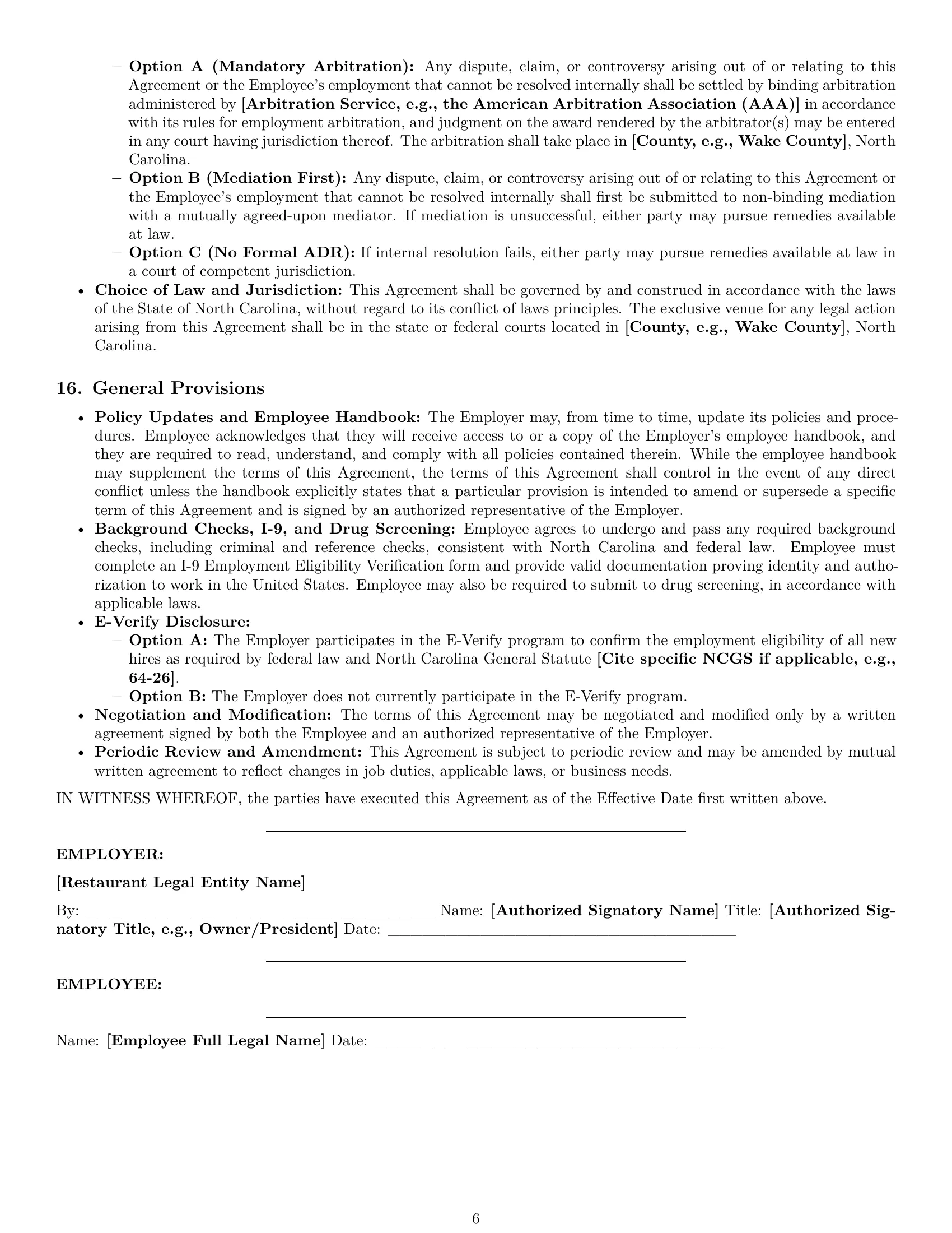 Preview page 6 of Pro North Carolina restaurant server employment contract template