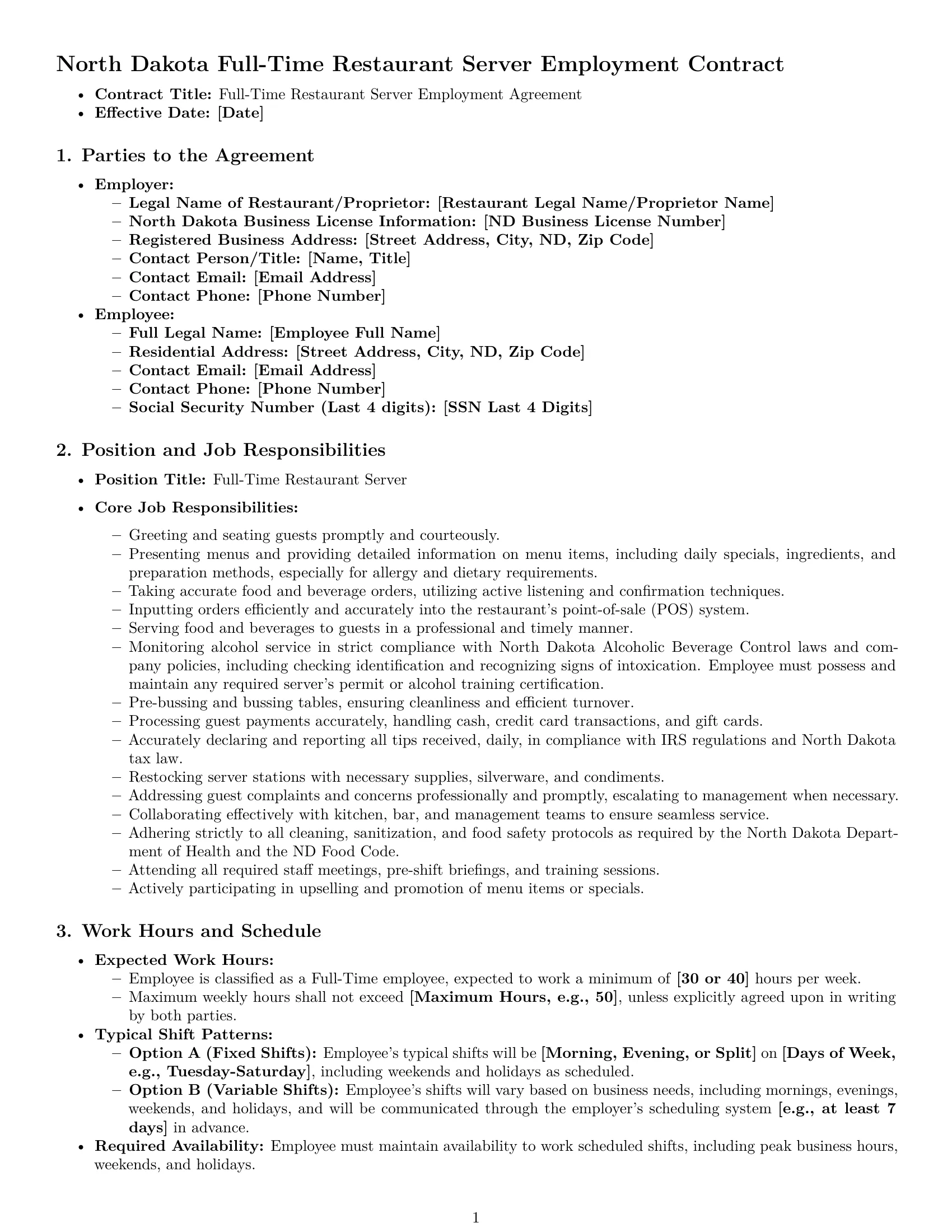 Preview page 1 of Pro North Dakota restaurant server employment contract template