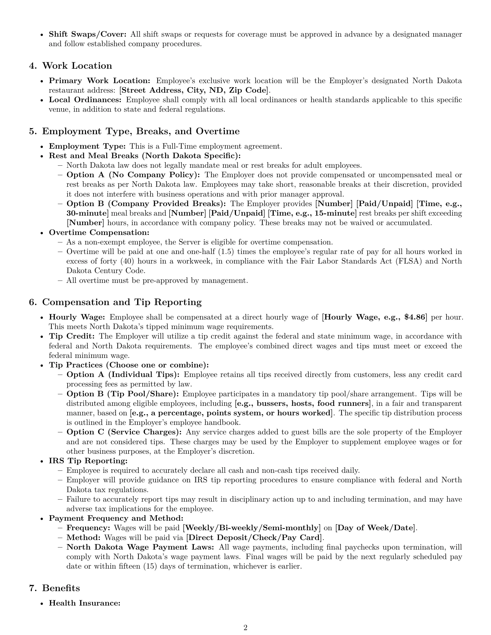 Preview page 2 of Pro North Dakota restaurant server employment contract template