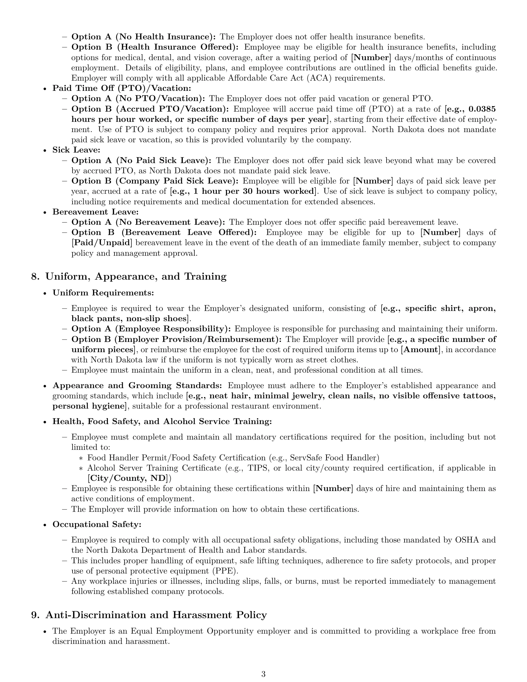 Preview page 3 of Pro North Dakota restaurant server employment contract template