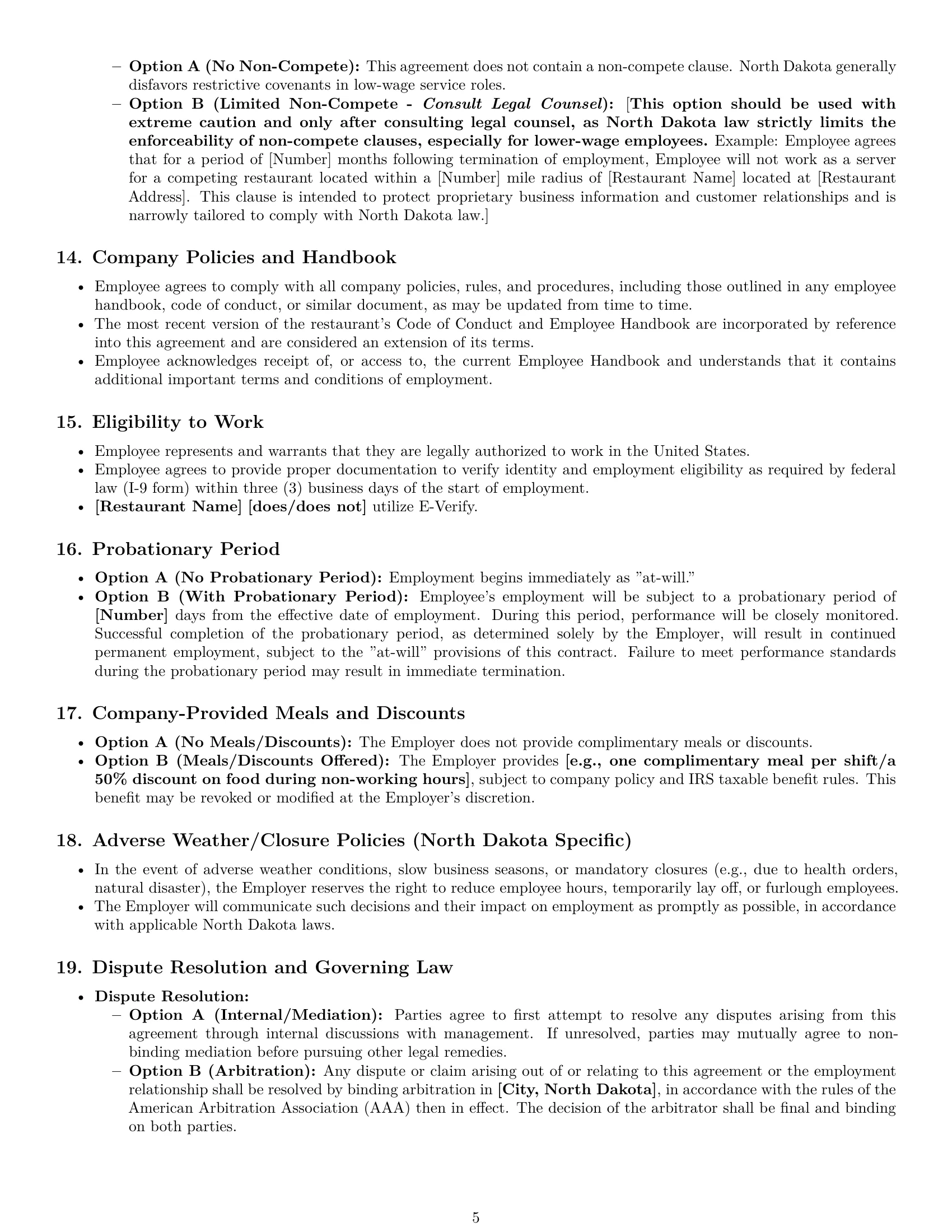 Preview page 5 of Pro North Dakota restaurant server employment contract template