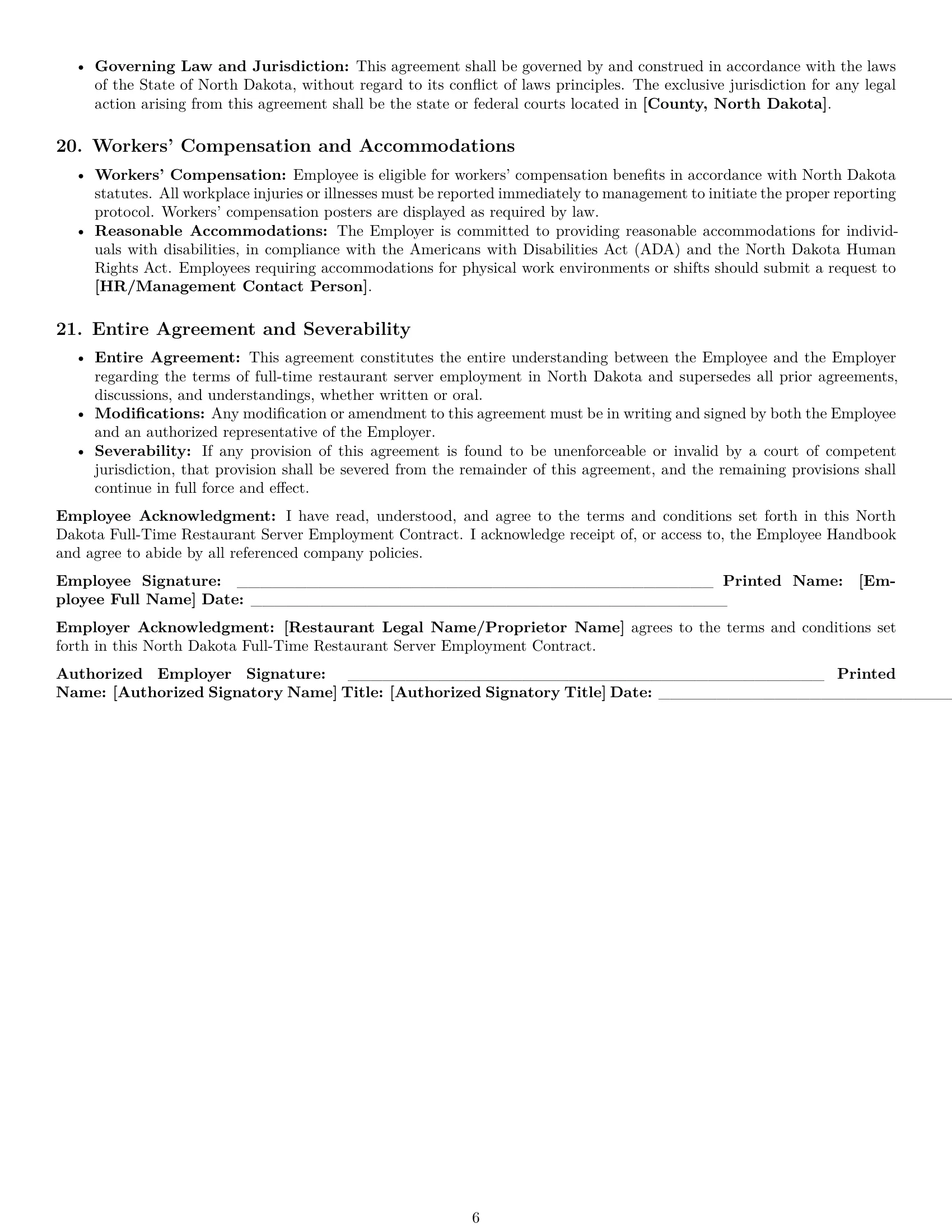 Preview page 6 of Pro North Dakota restaurant server employment contract template