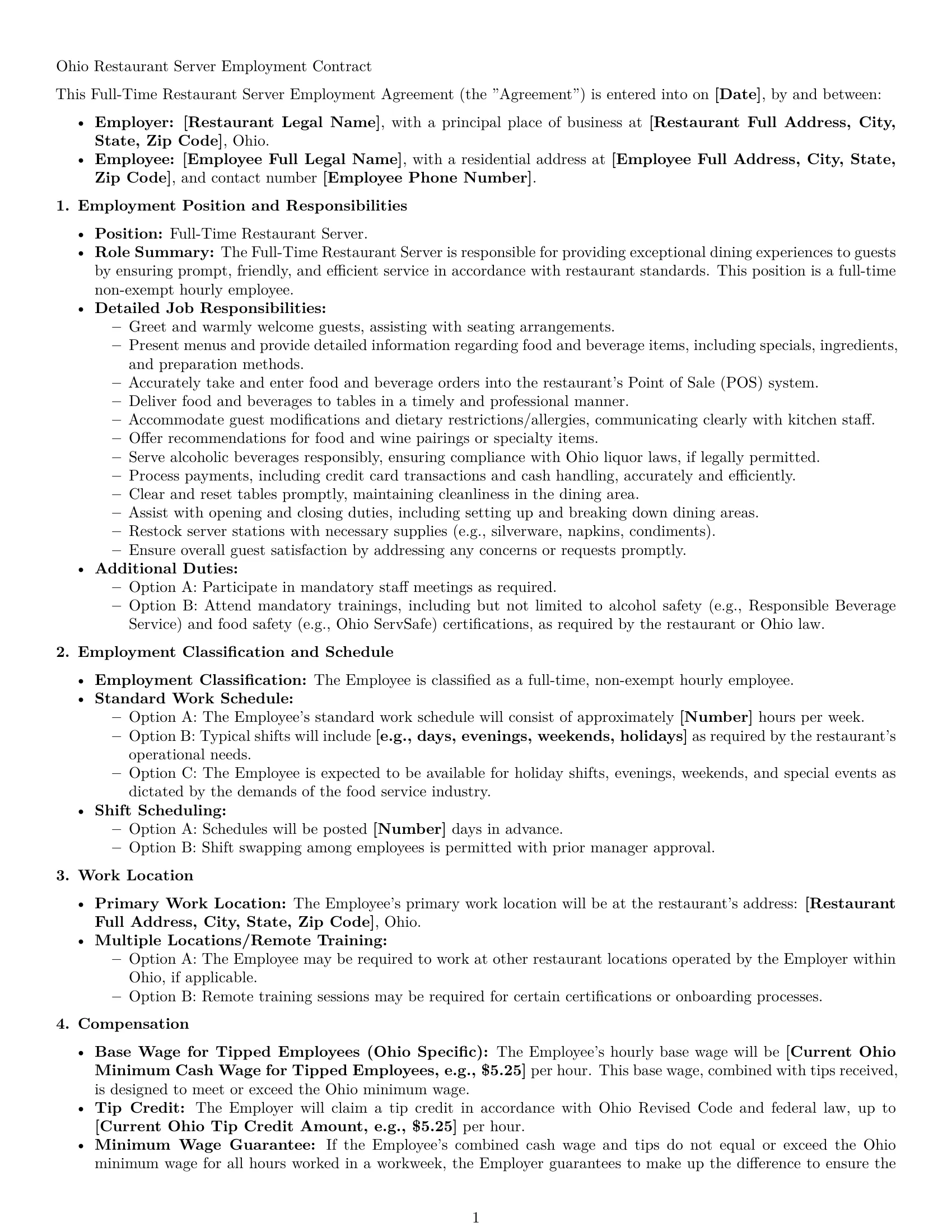 Preview page 1 of Pro Ohio restaurant server employment contract template