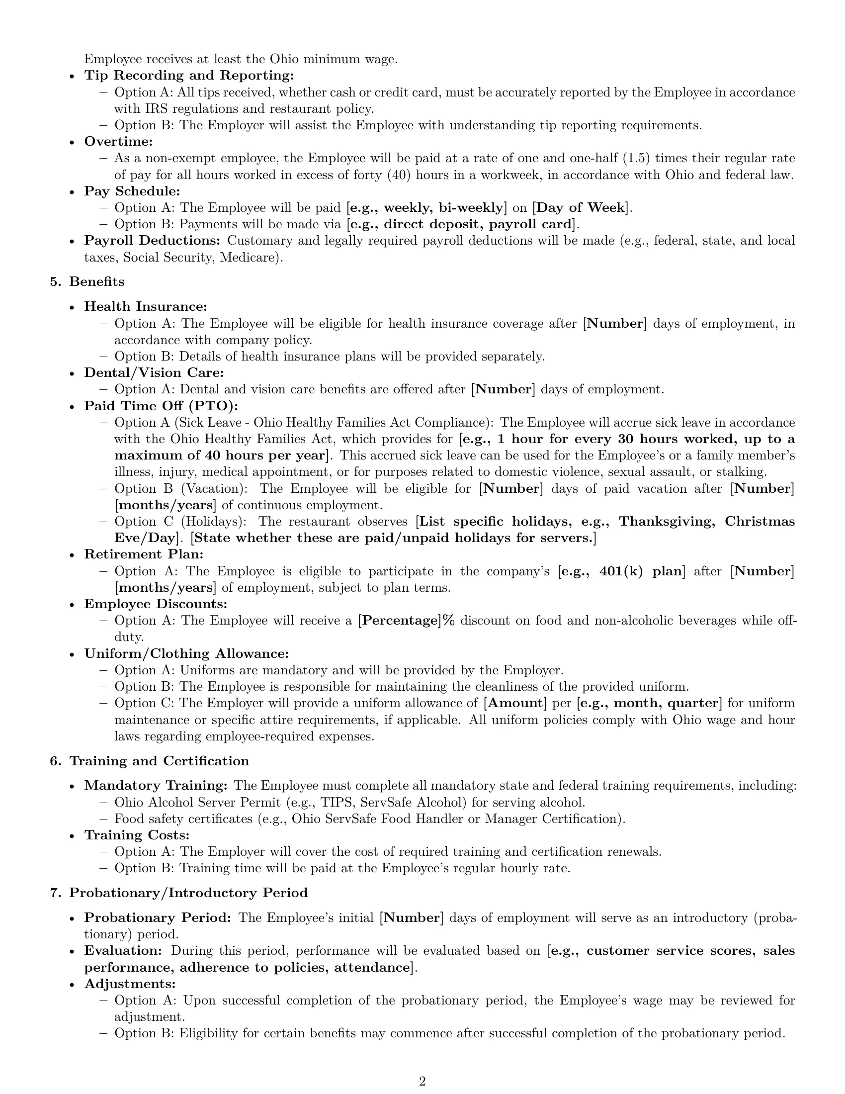 Preview page 2 of Pro Ohio restaurant server employment contract template