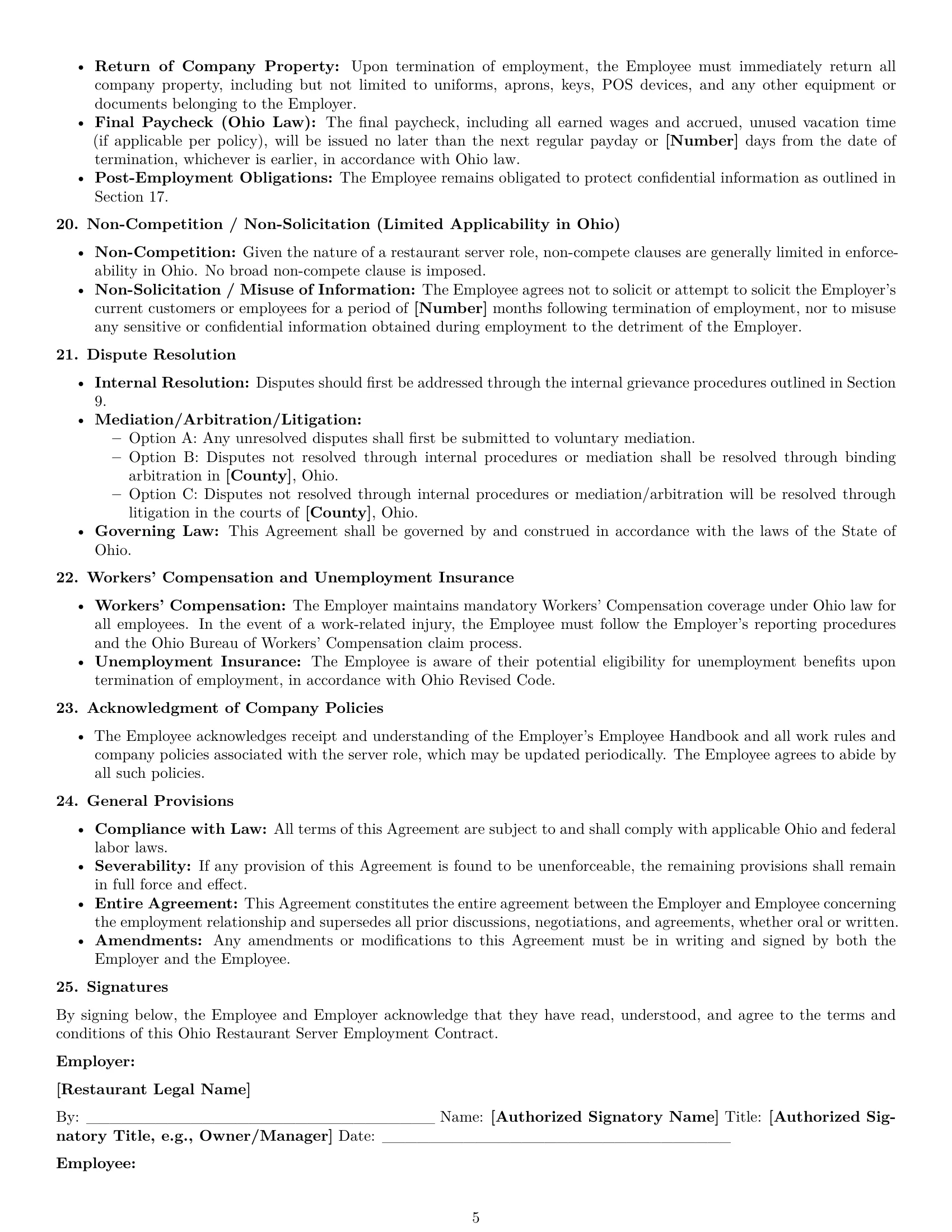 Preview page 5 of Pro Ohio restaurant server employment contract template