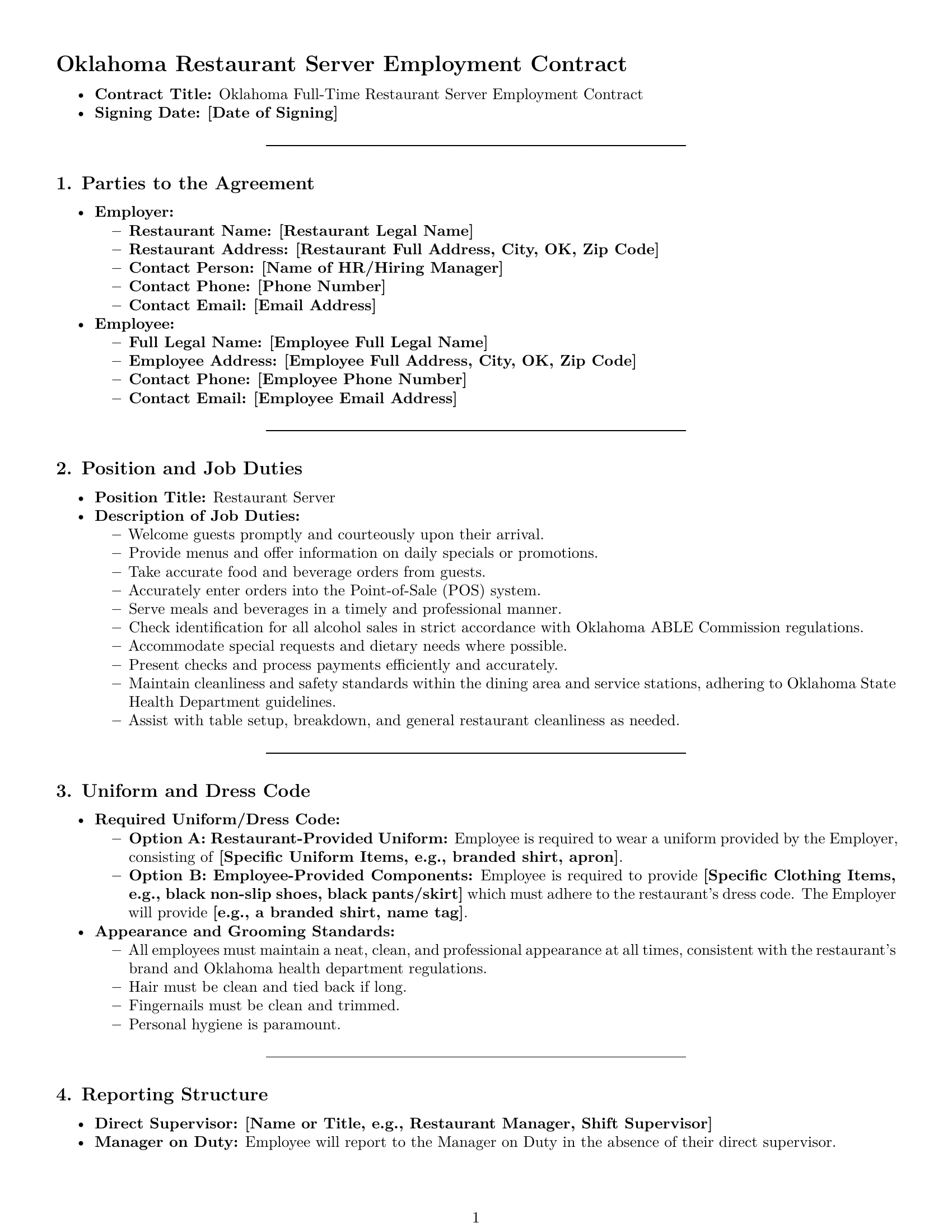 Preview page 1 of Pro Oklahoma restaurant server employment contract template