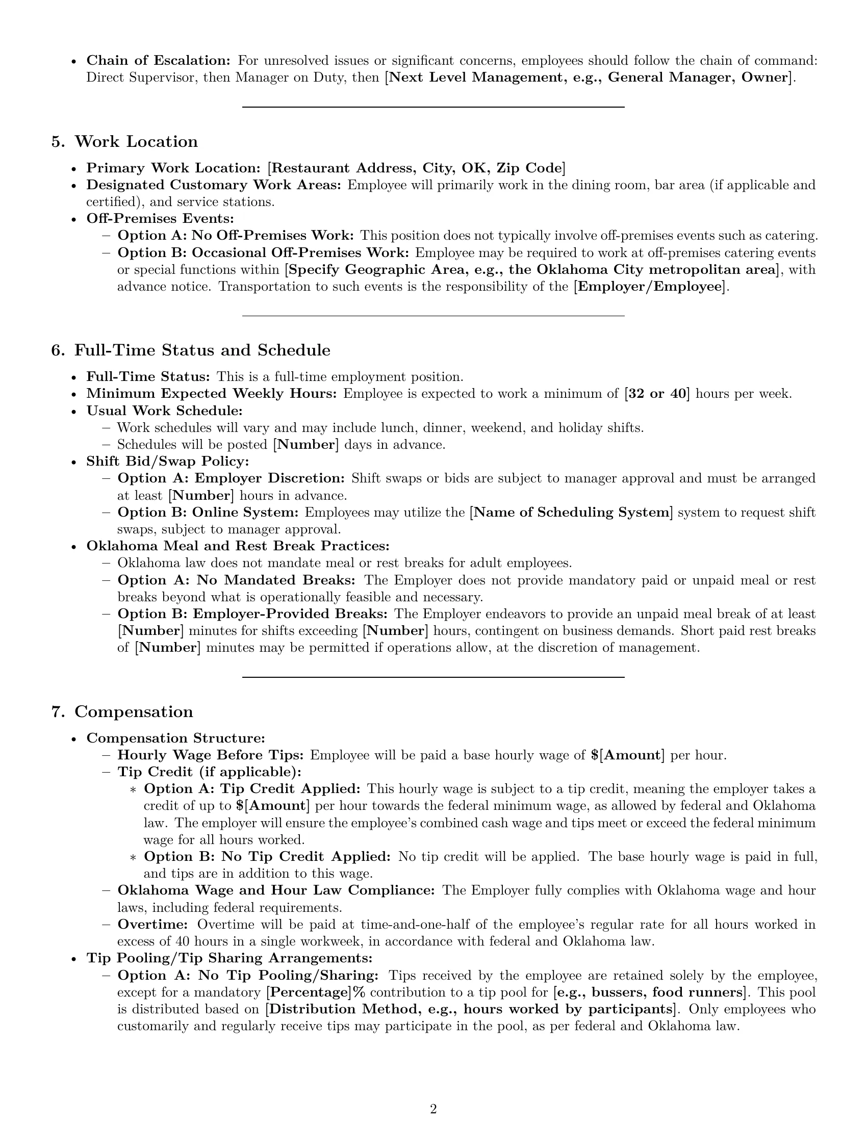 Preview page 2 of Pro Oklahoma restaurant server employment contract template
