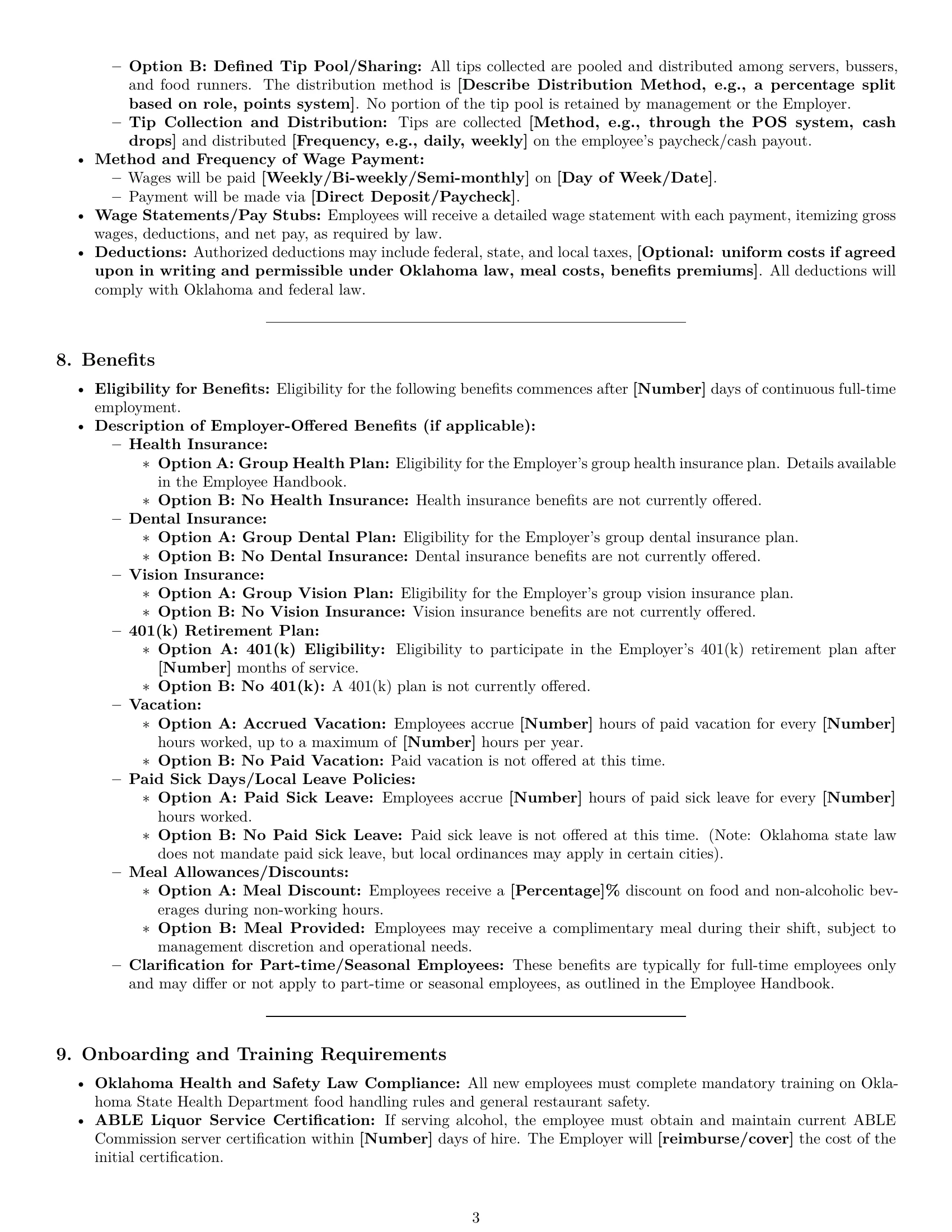 Preview page 3 of Pro Oklahoma restaurant server employment contract template