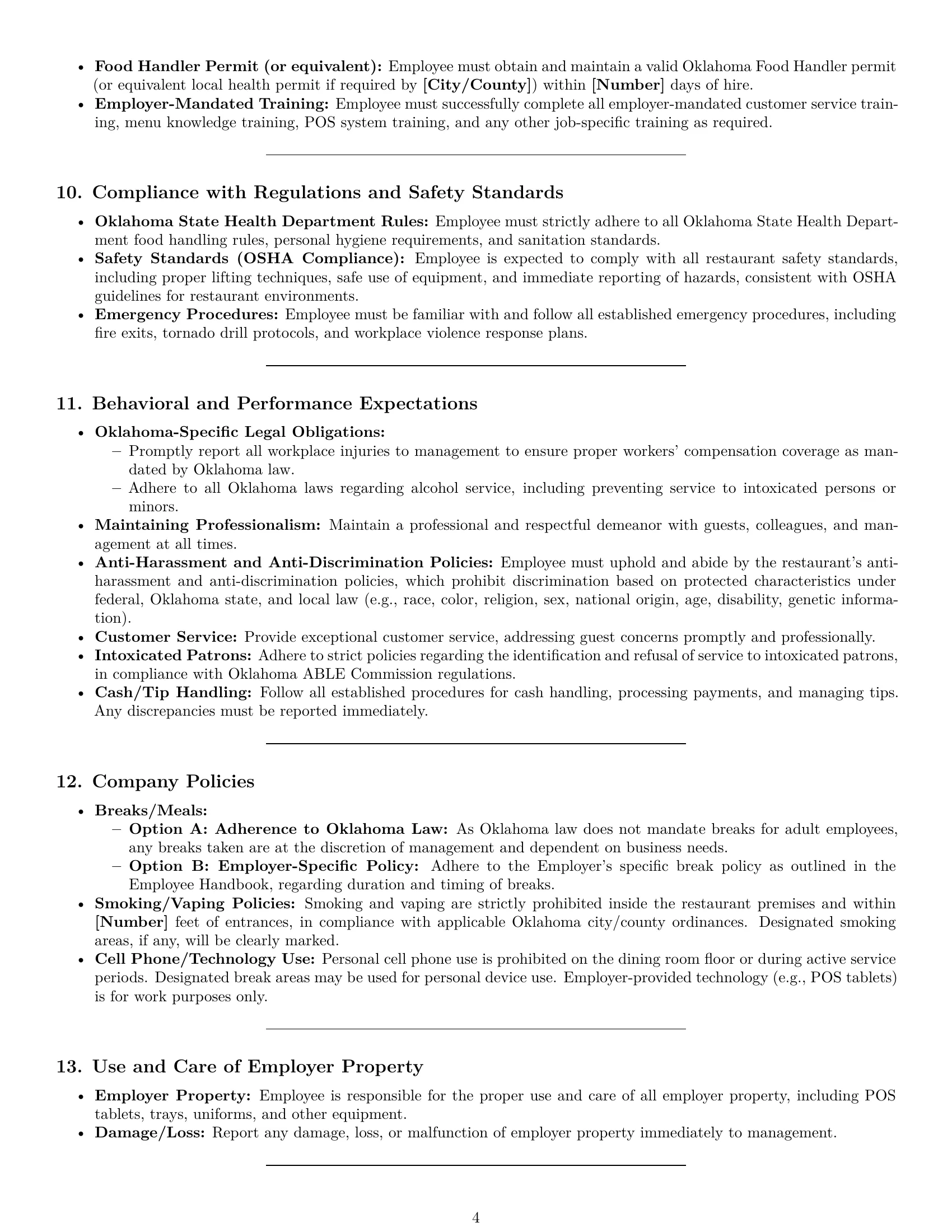 Preview page 4 of Pro Oklahoma restaurant server employment contract template
