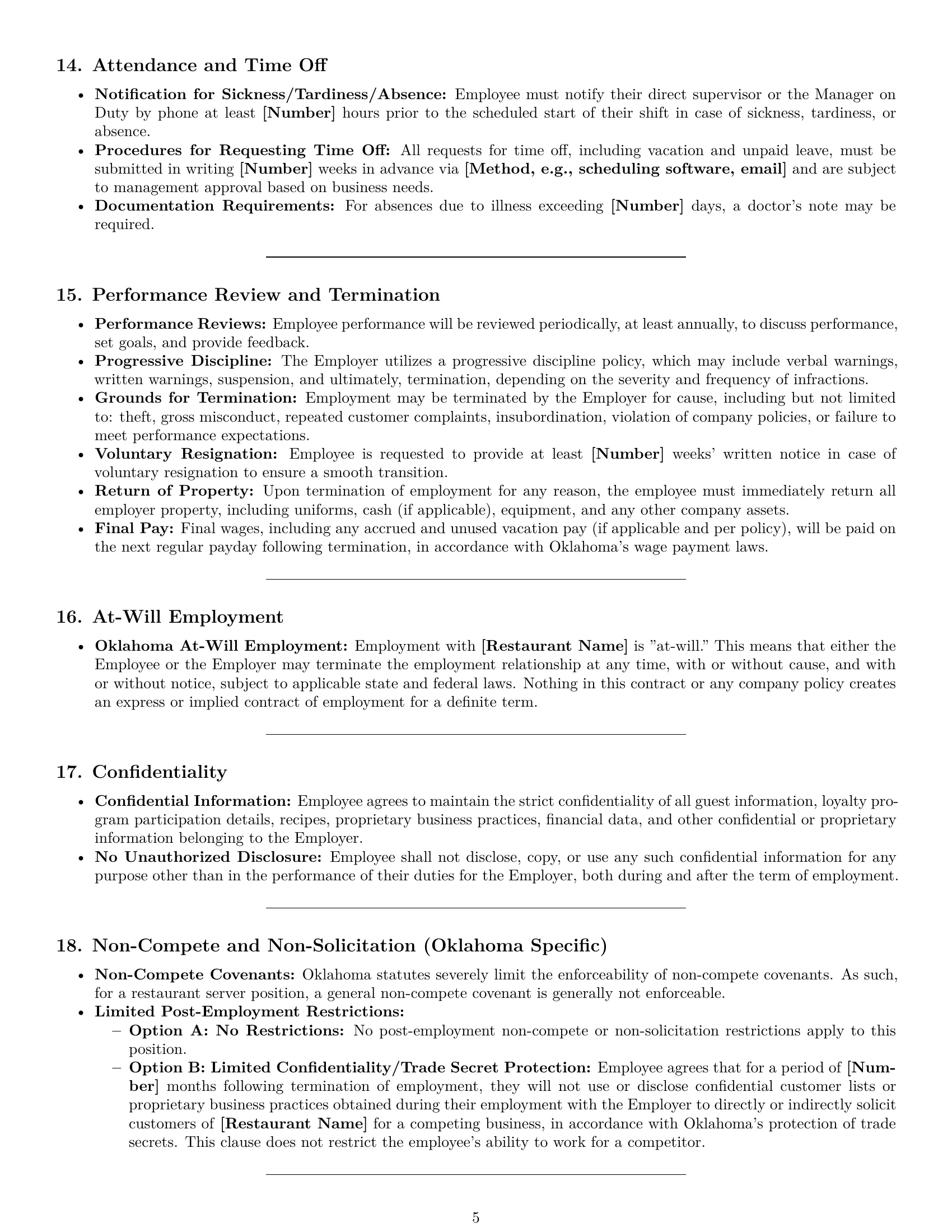 Preview page 5 of Pro Oklahoma restaurant server employment contract template