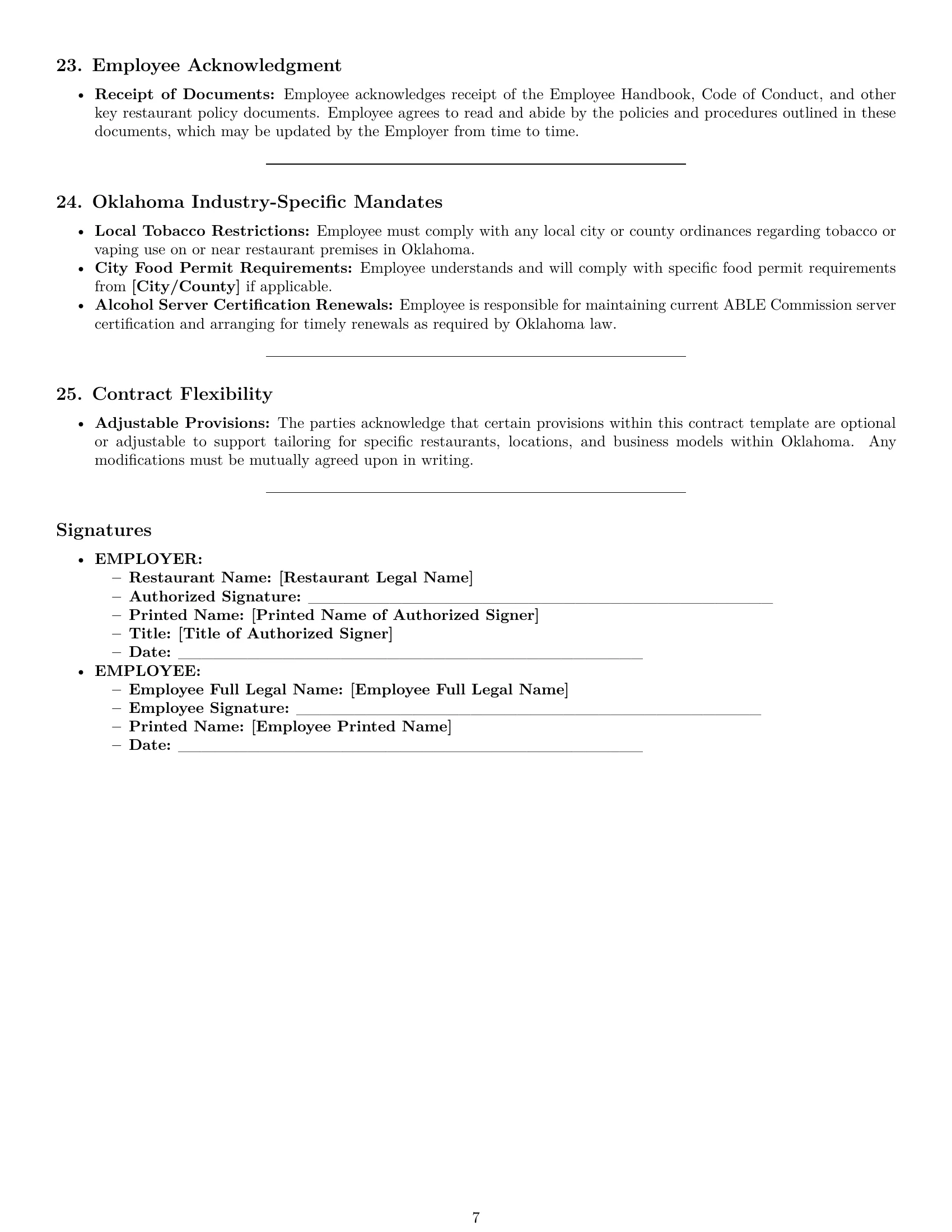 Preview page 7 of Pro Oklahoma restaurant server employment contract template