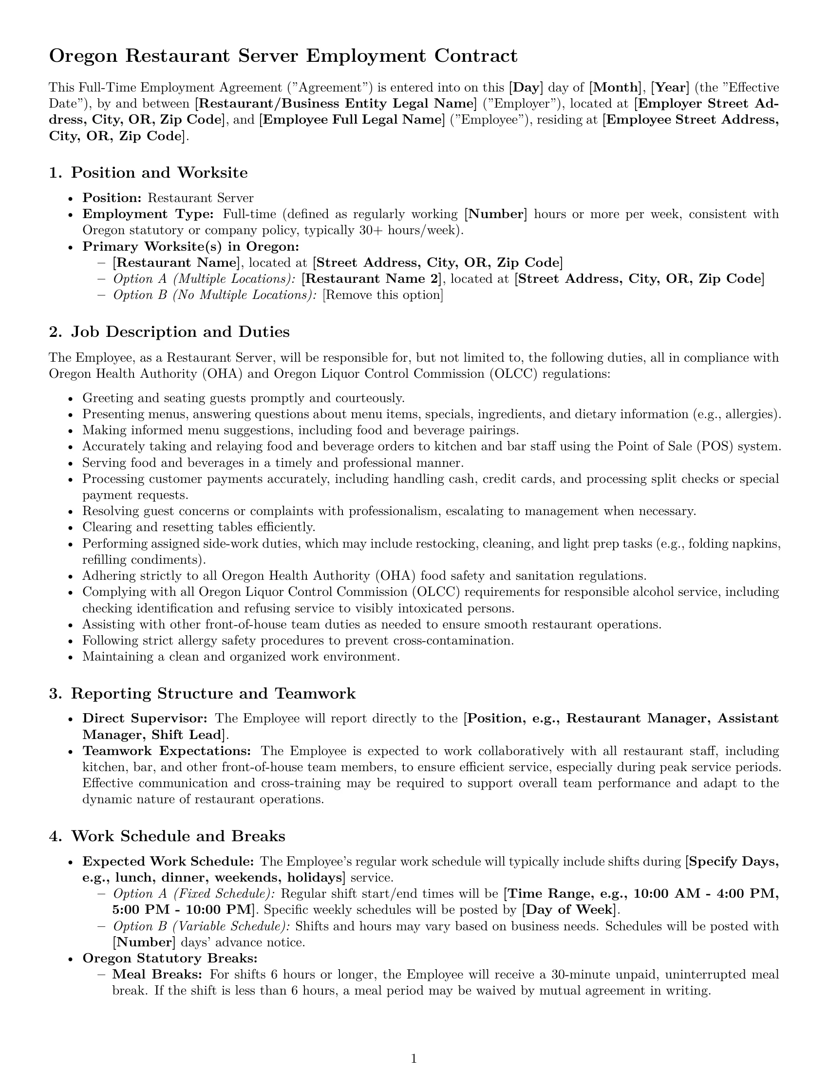 Preview page 1 of Pro Oregon restaurant server employment contract template