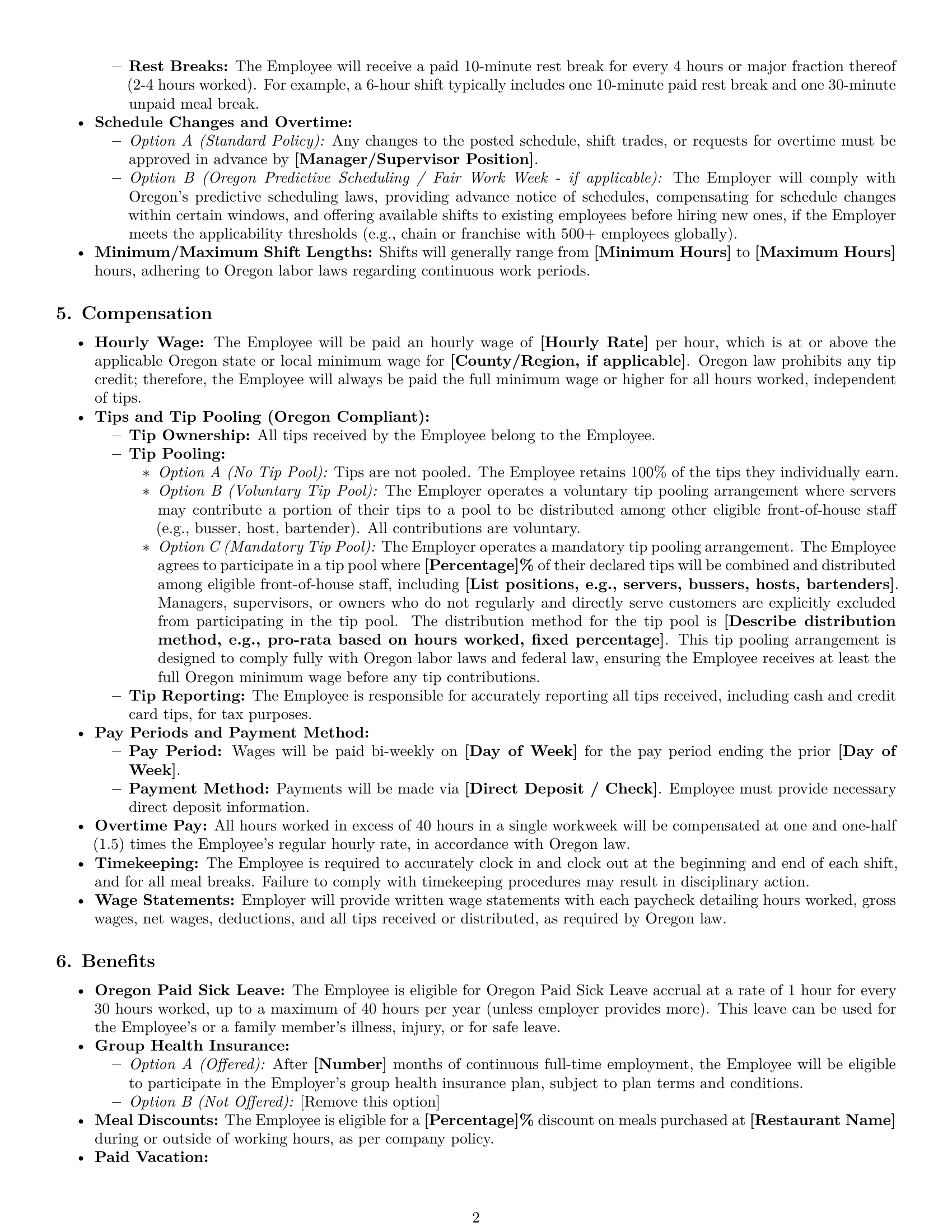 Preview page 2 of Pro Oregon restaurant server employment contract template