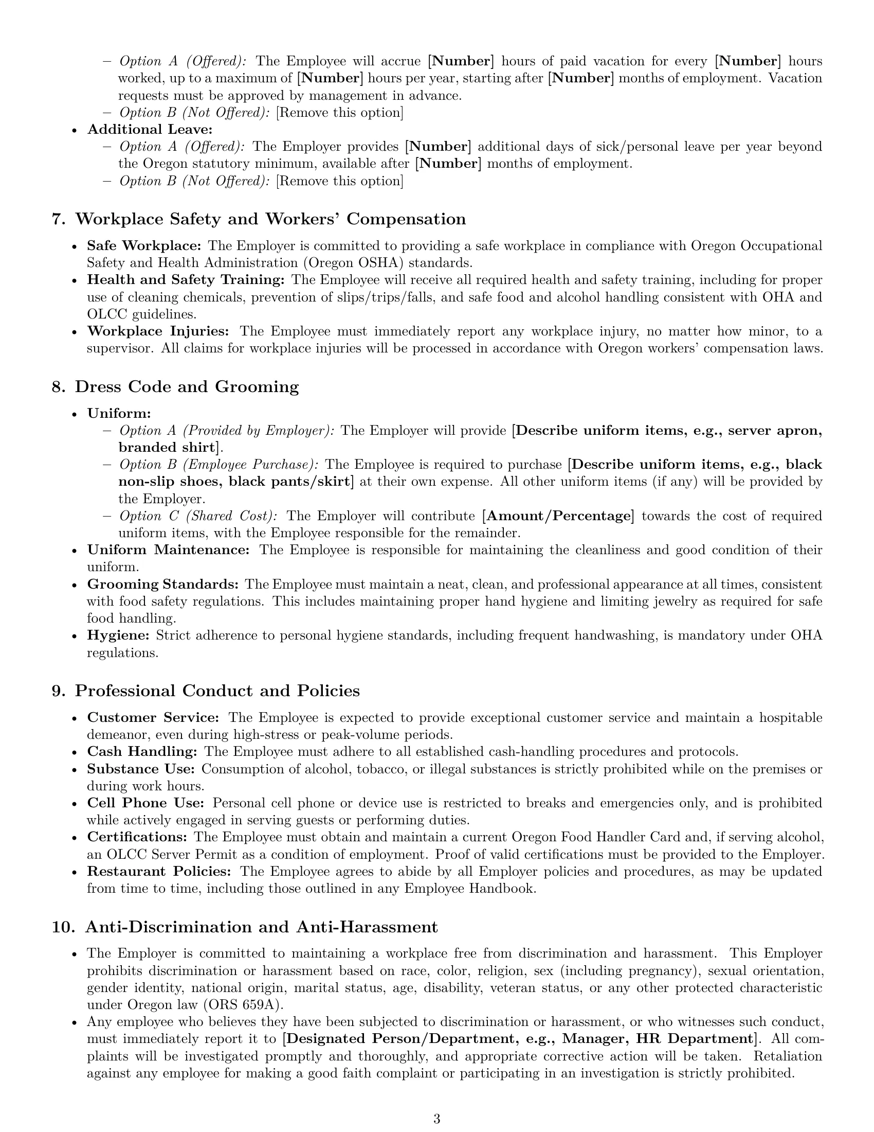 Preview page 3 of Pro Oregon restaurant server employment contract template