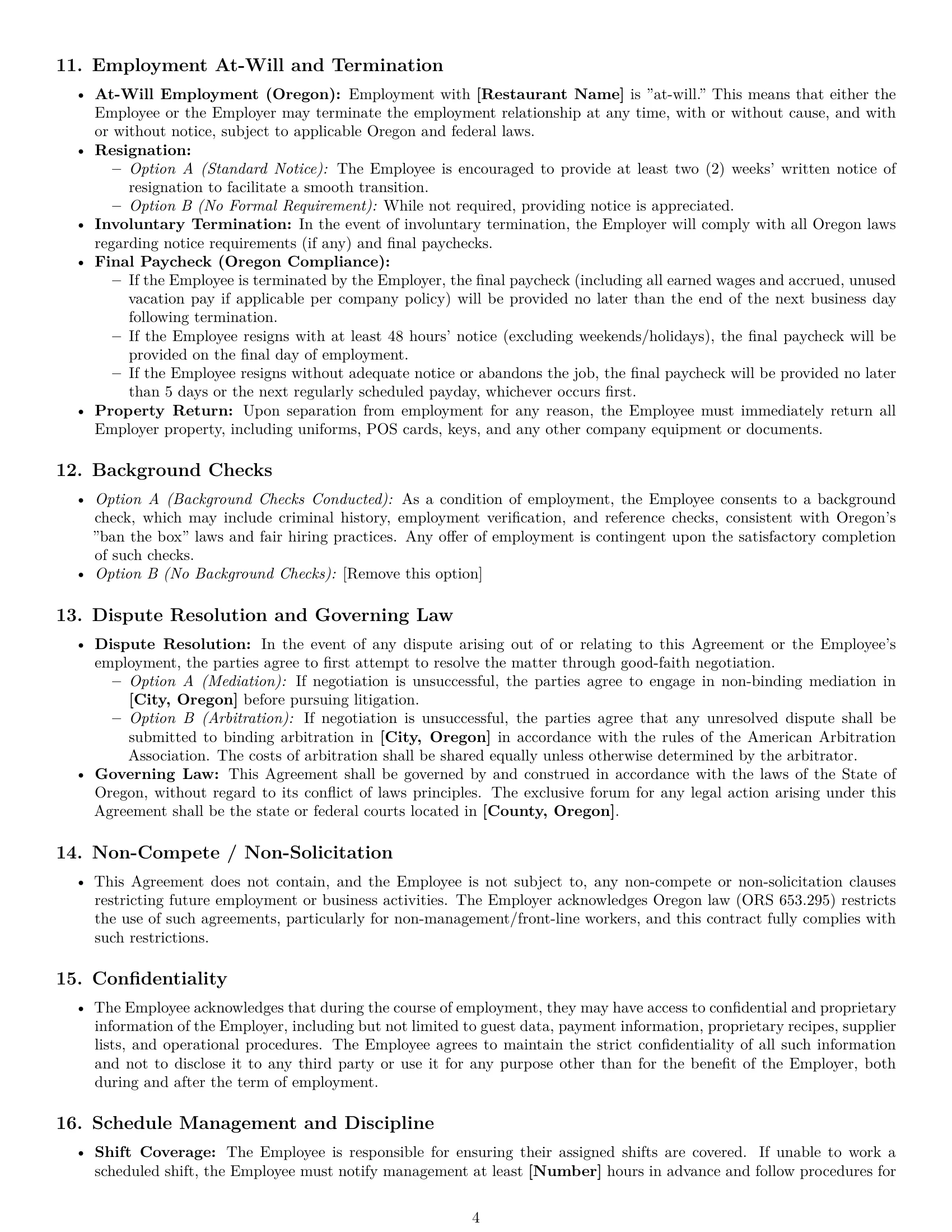 Preview page 4 of Pro Oregon restaurant server employment contract template