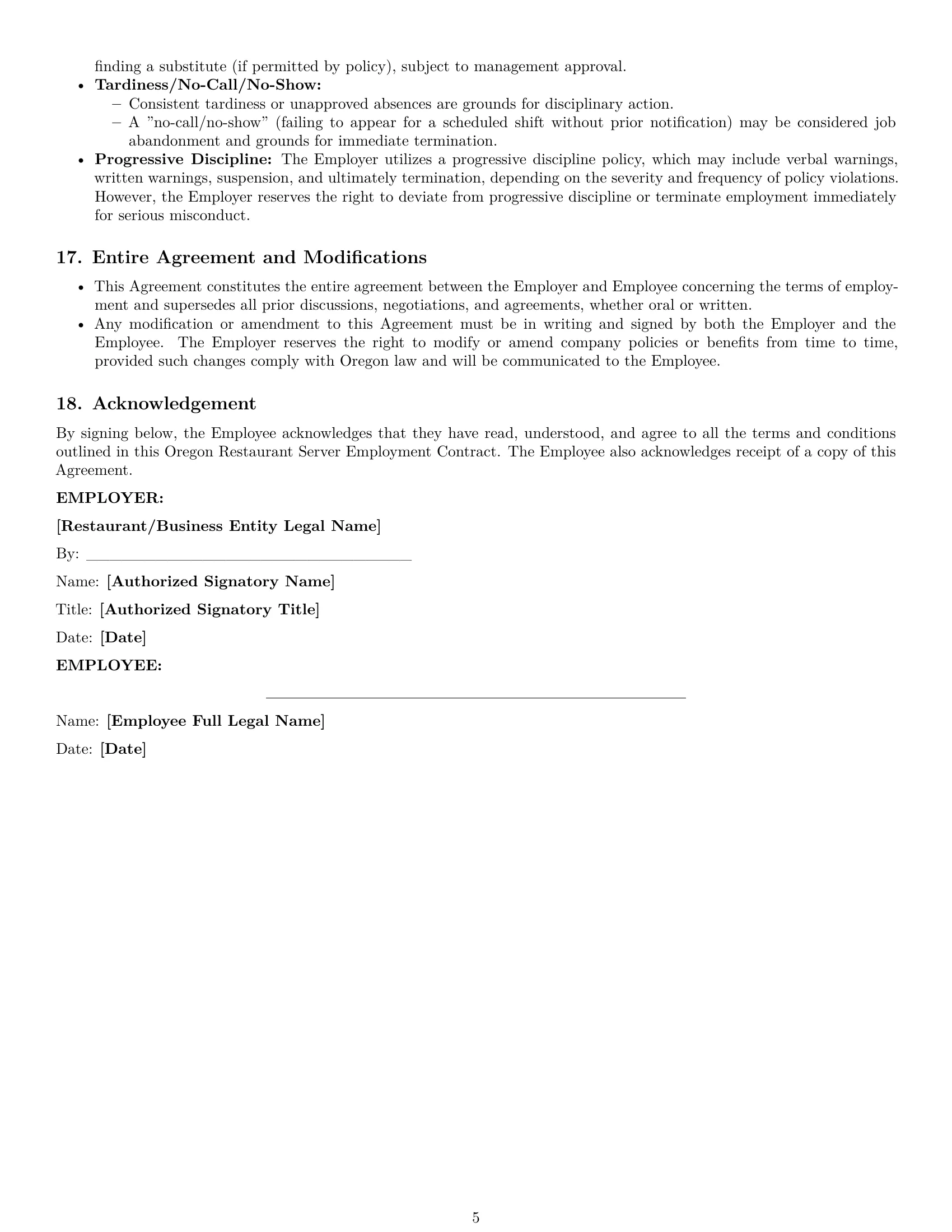 Preview page 5 of Pro Oregon restaurant server employment contract template