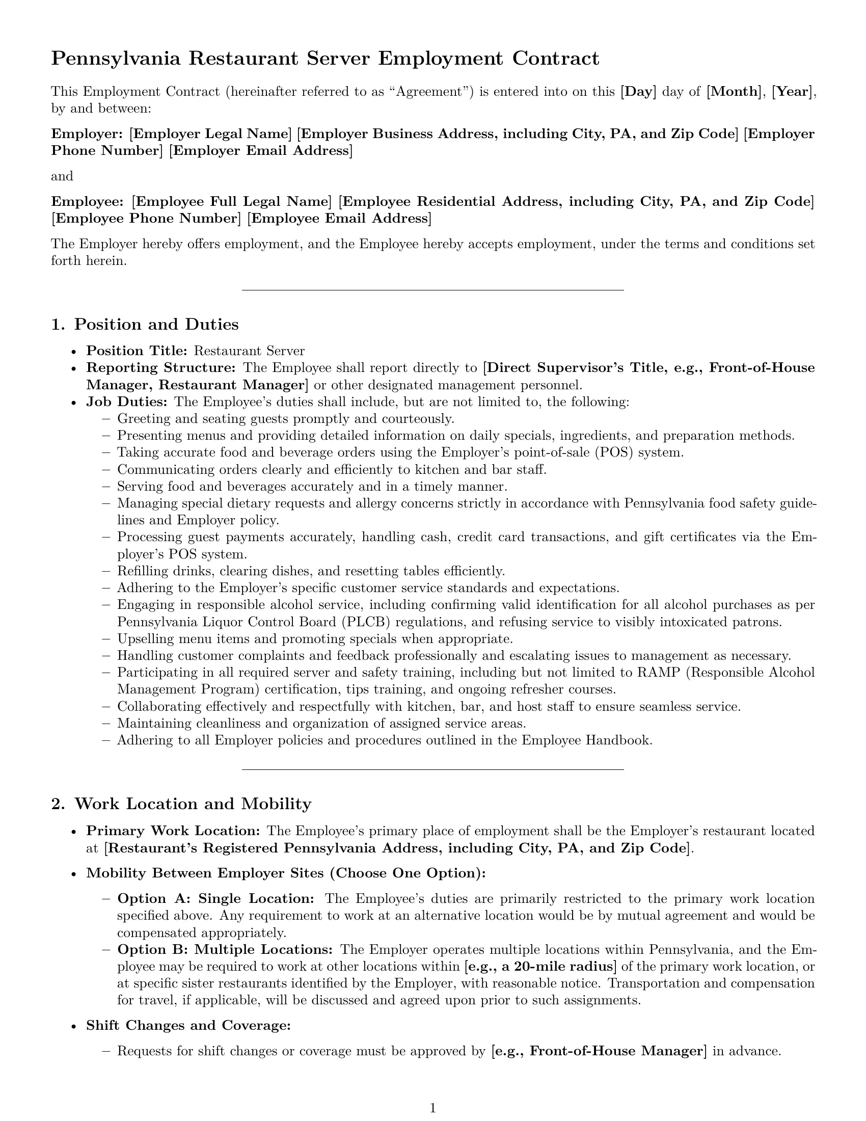 Preview page 1 of Pro Pennsylvania restaurant server employment contract template