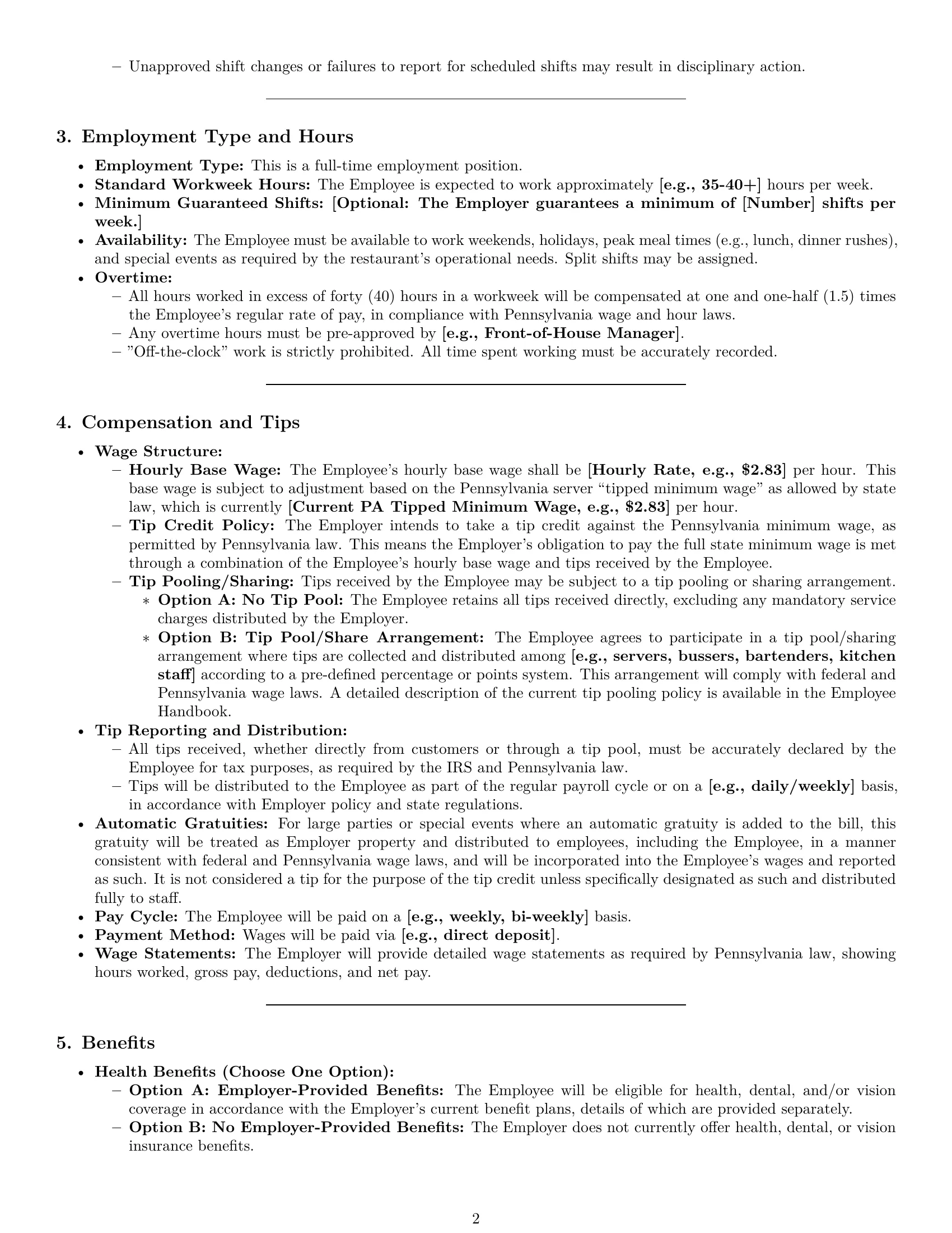 Preview page 2 of Pro Pennsylvania restaurant server employment contract template