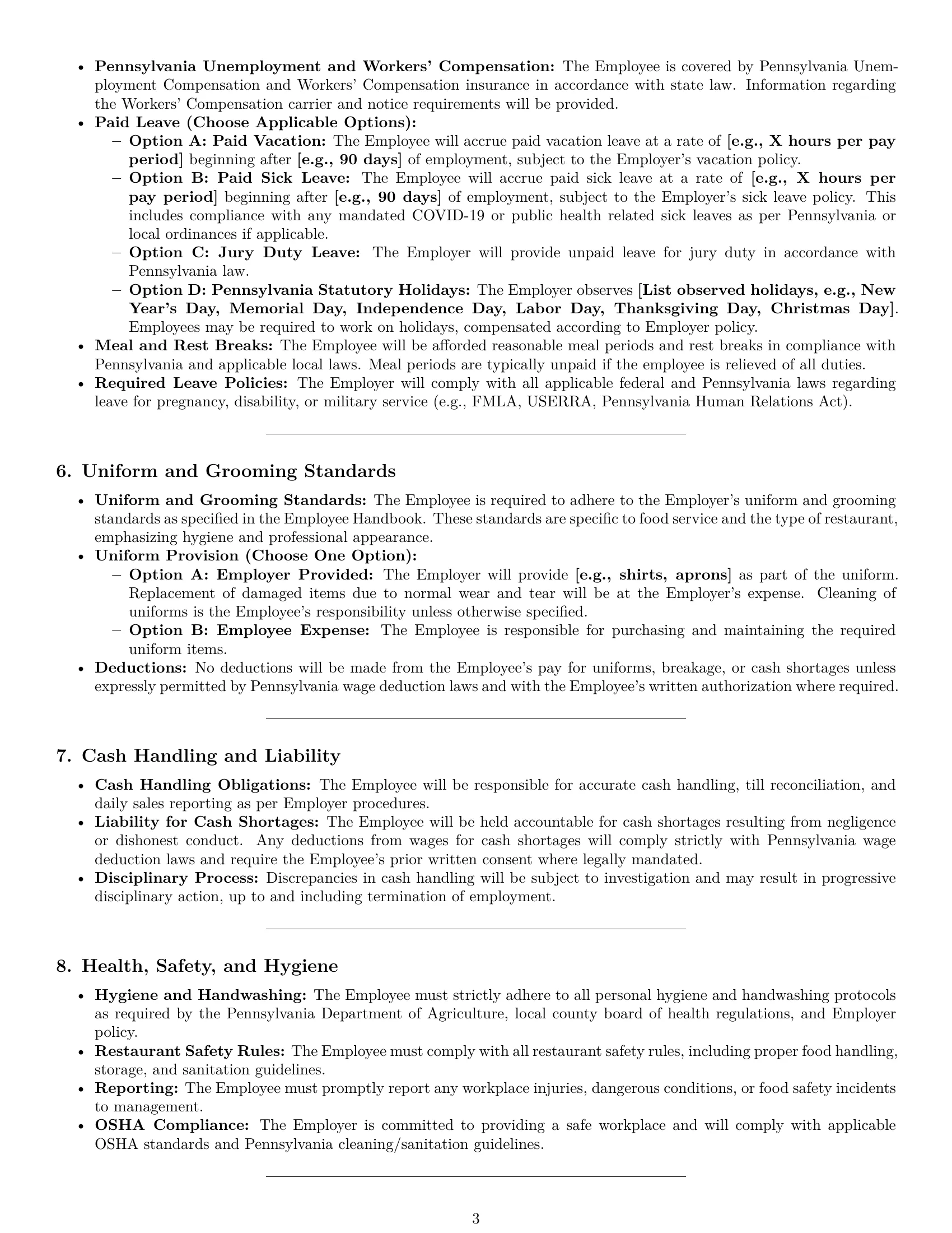 Preview page 3 of Pro Pennsylvania restaurant server employment contract template