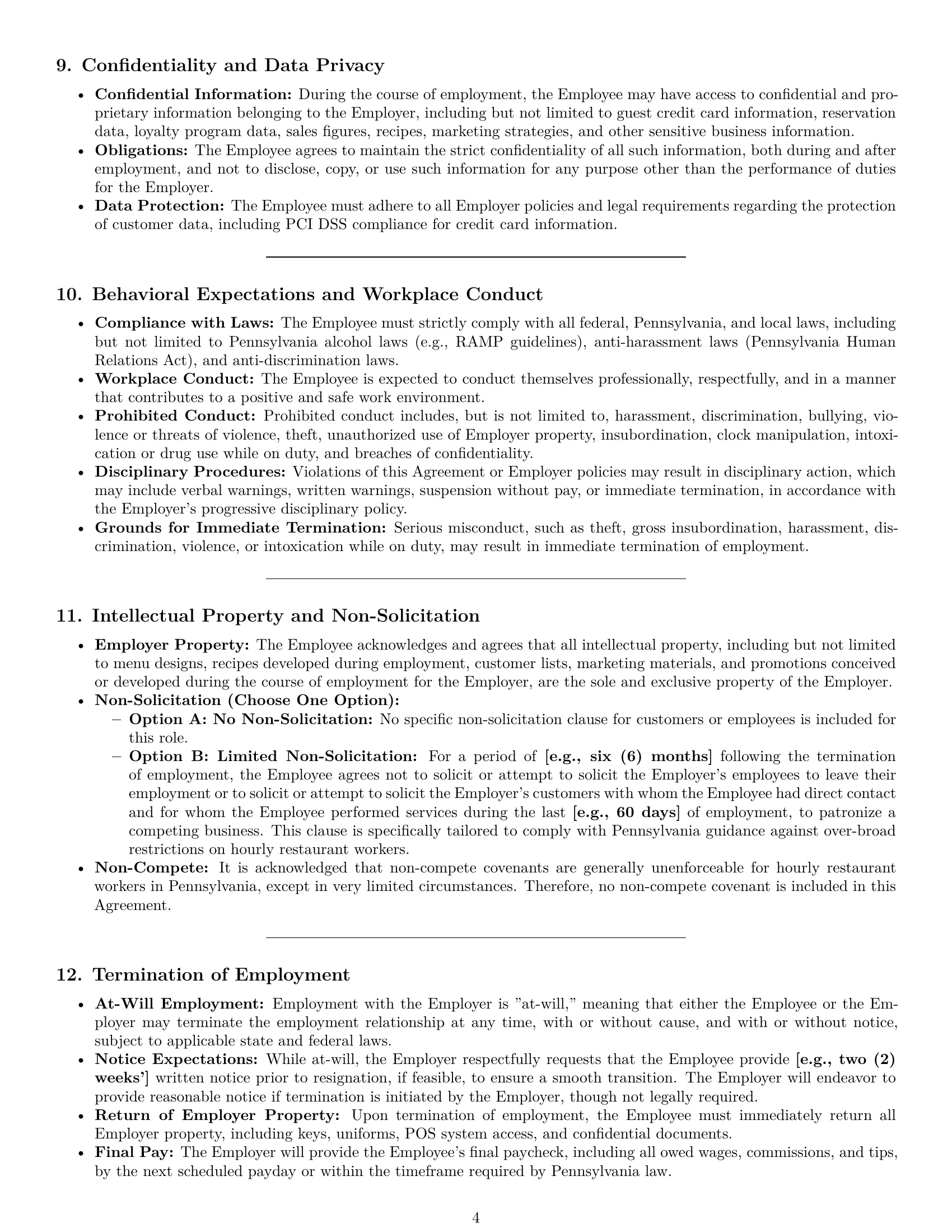 Preview page 4 of Pro Pennsylvania restaurant server employment contract template