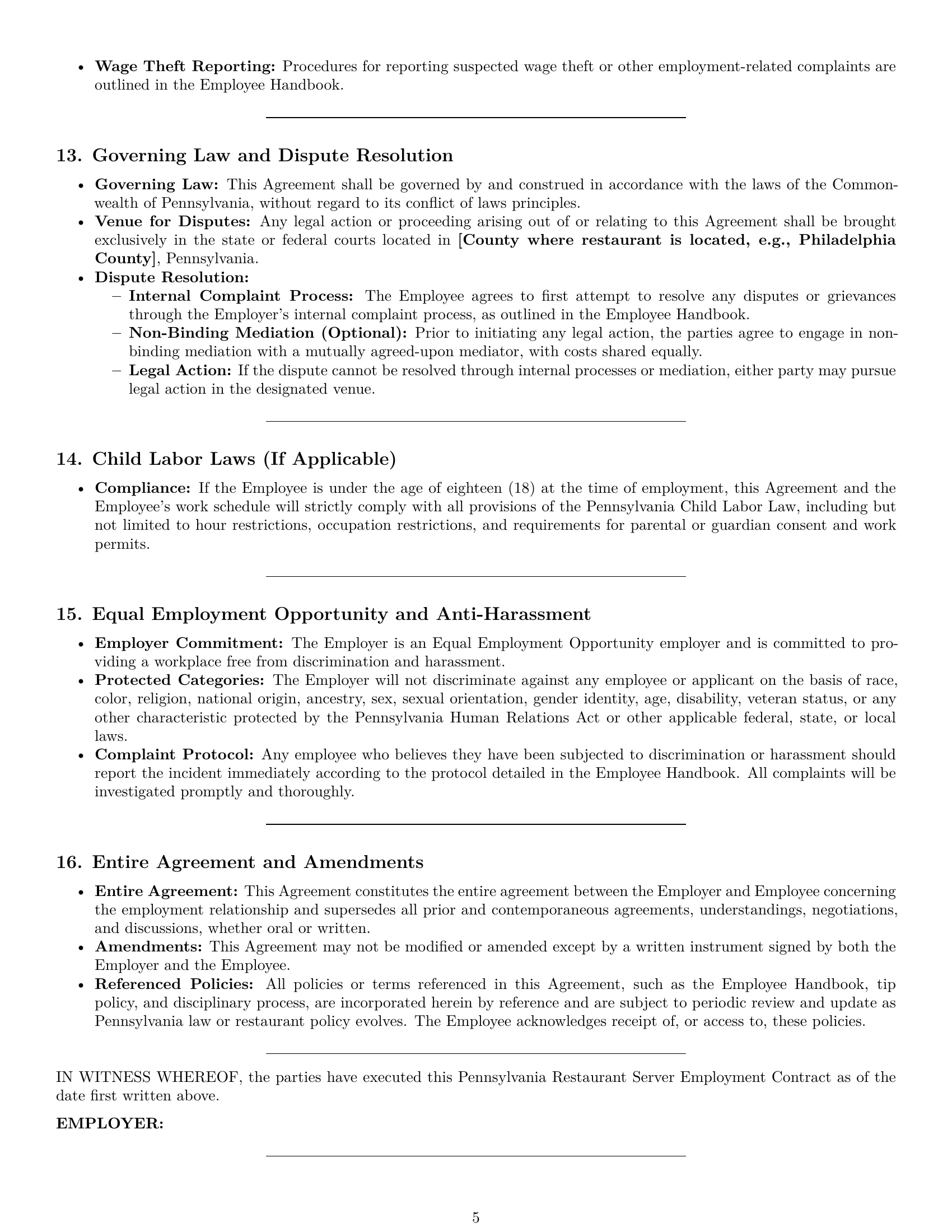 Preview page 5 of Pro Pennsylvania restaurant server employment contract template