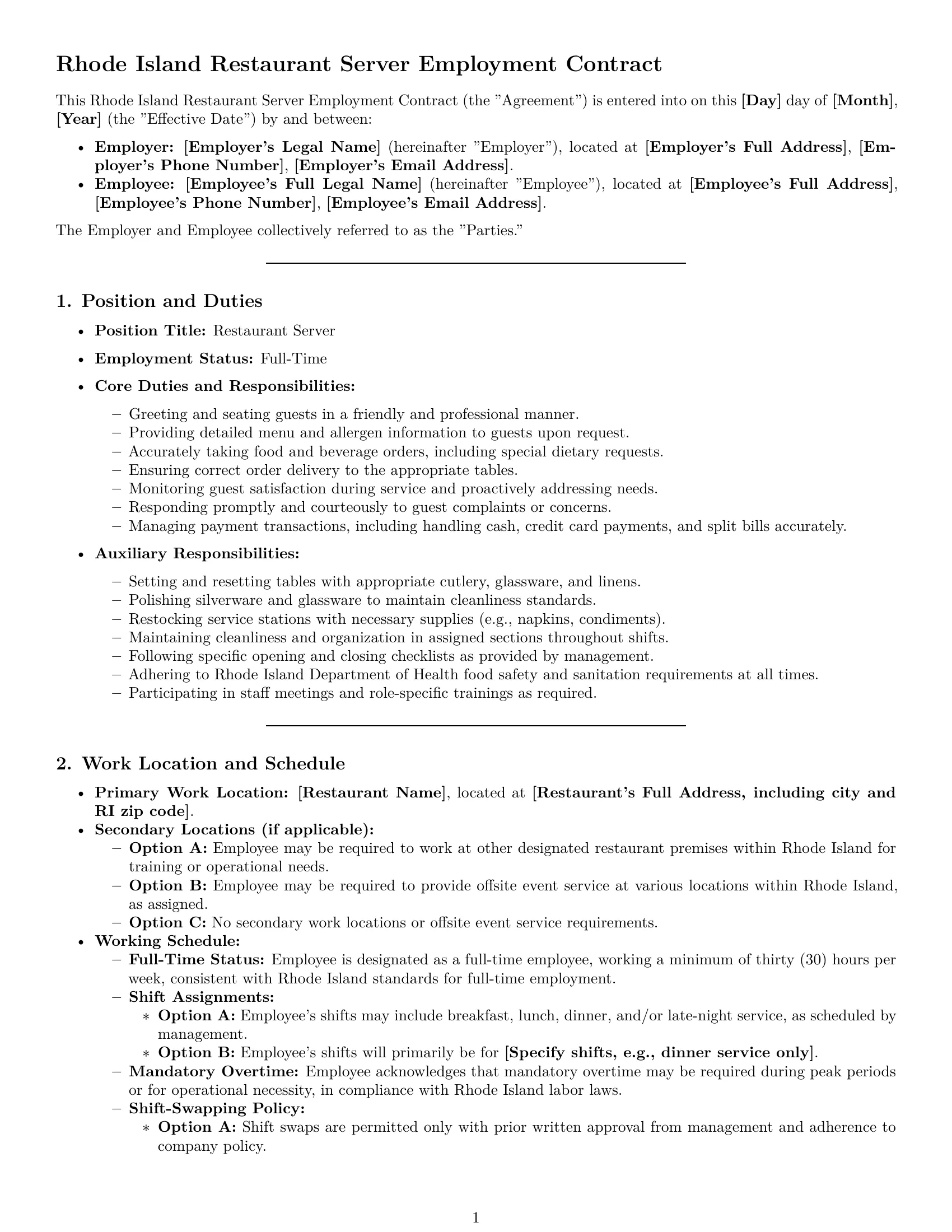 Preview page 1 of Pro Rhode Island restaurant server employment contract template