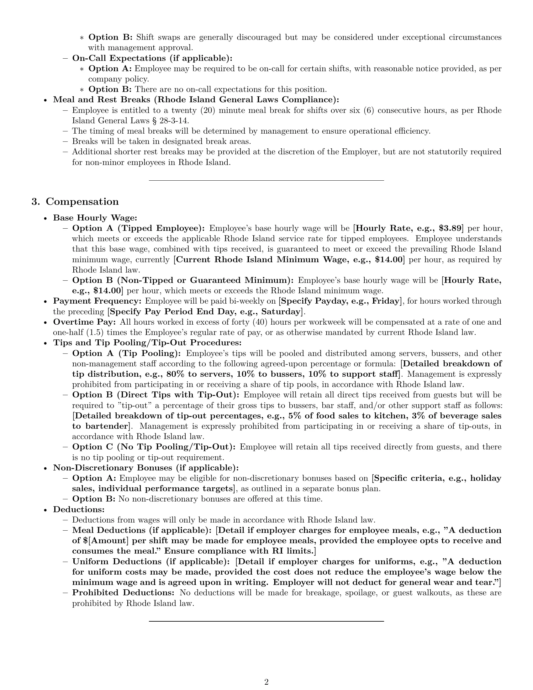 Preview page 2 of Pro Rhode Island restaurant server employment contract template