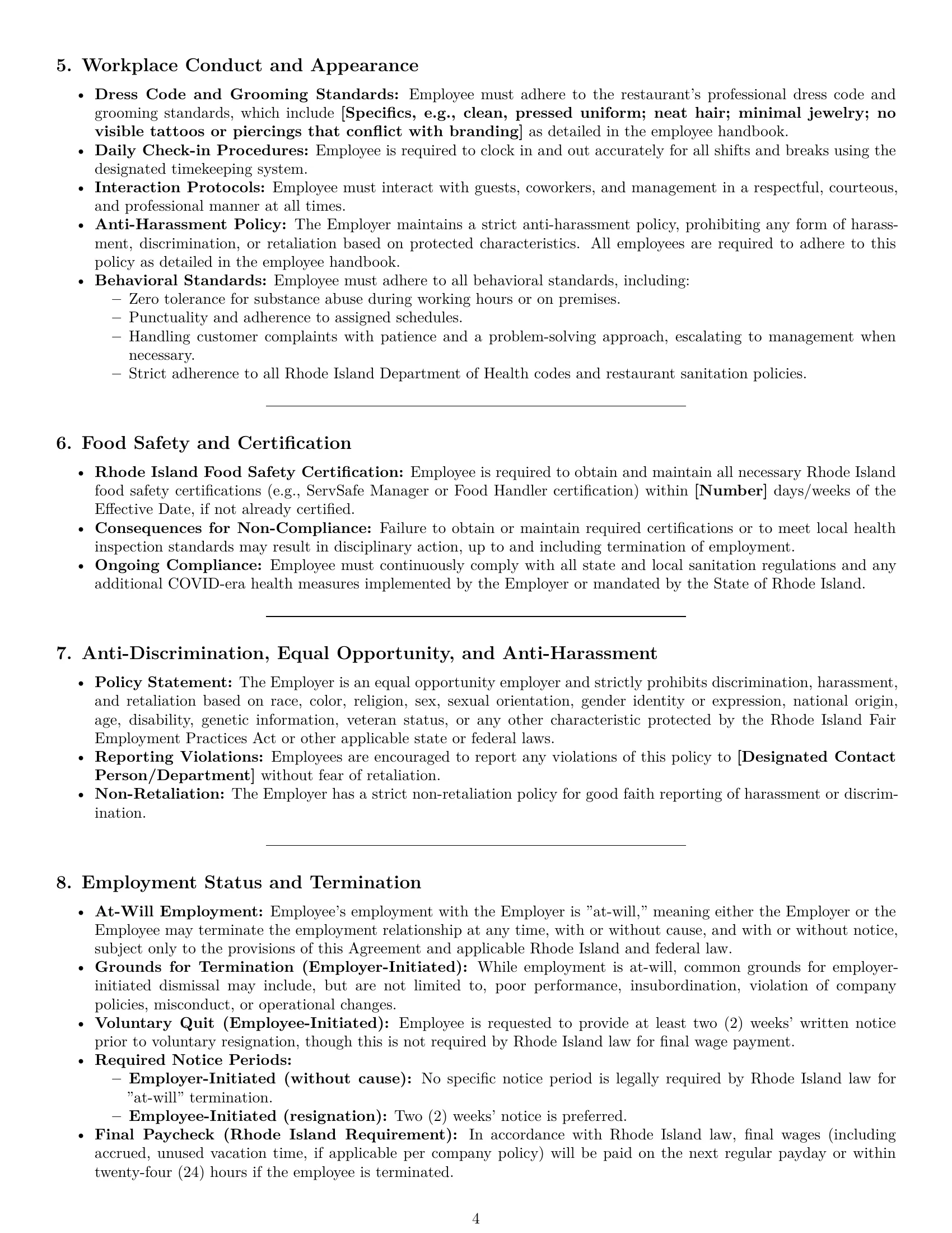 Preview page 4 of Pro Rhode Island restaurant server employment contract template