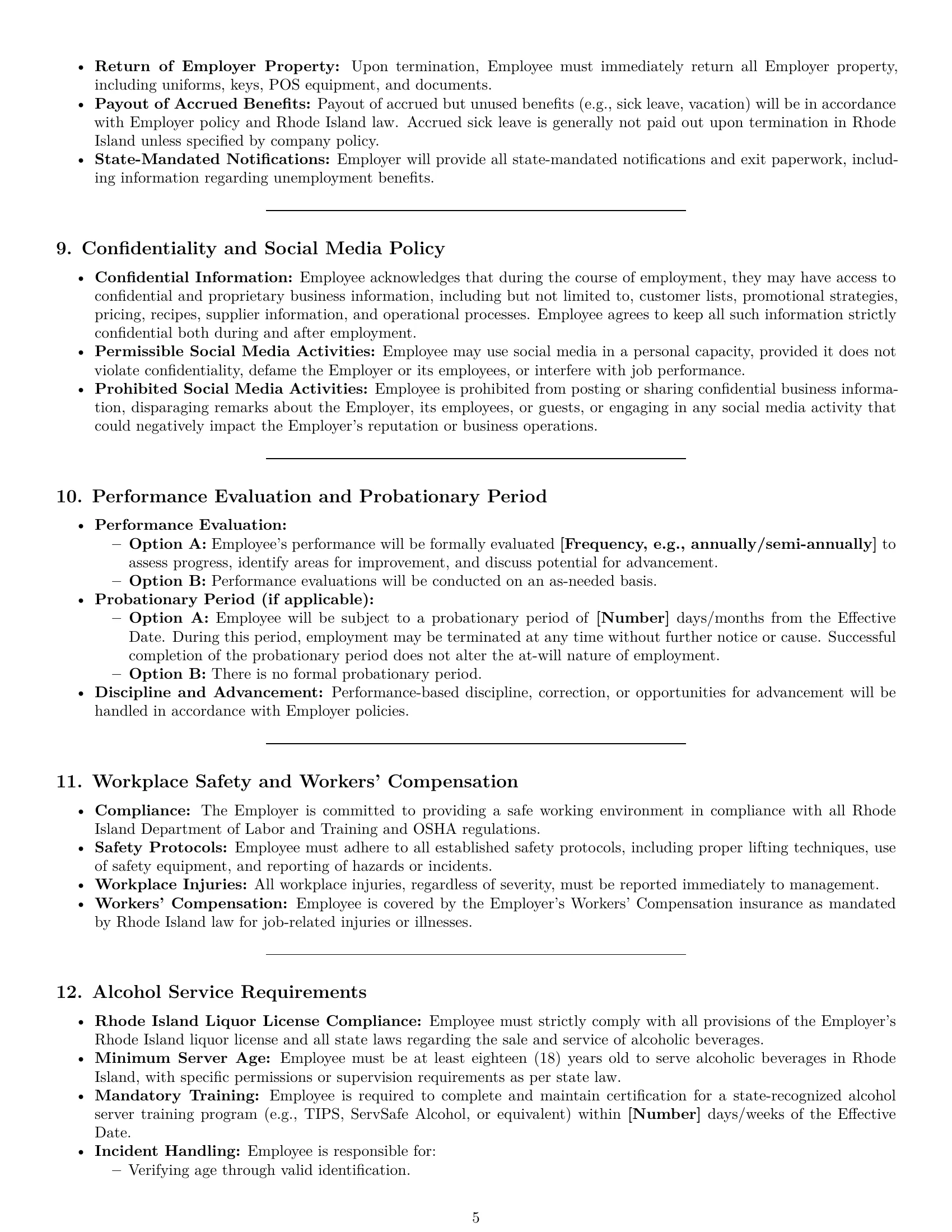 Preview page 5 of Pro Rhode Island restaurant server employment contract template