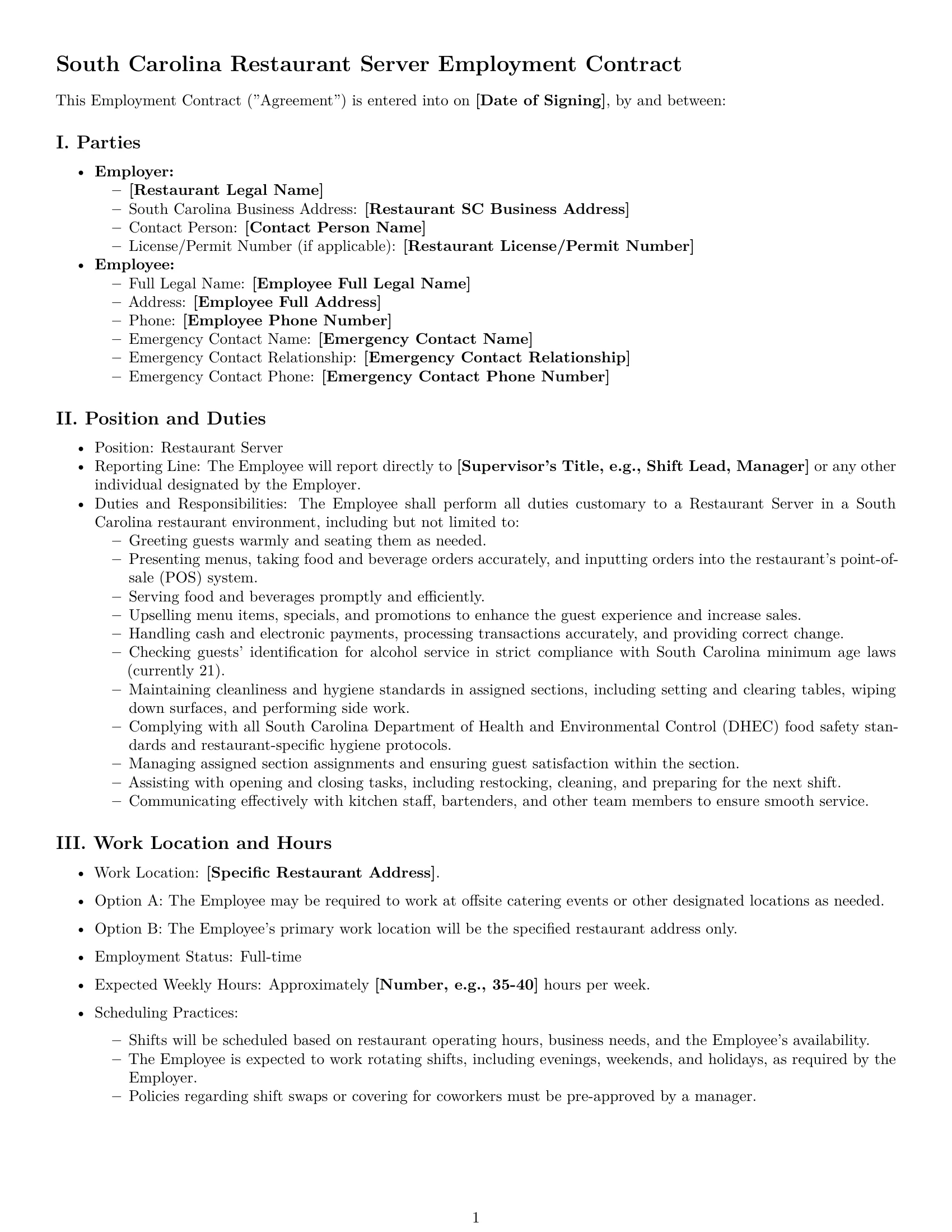 Preview page 1 of Pro South Carolina restaurant server employment contract template