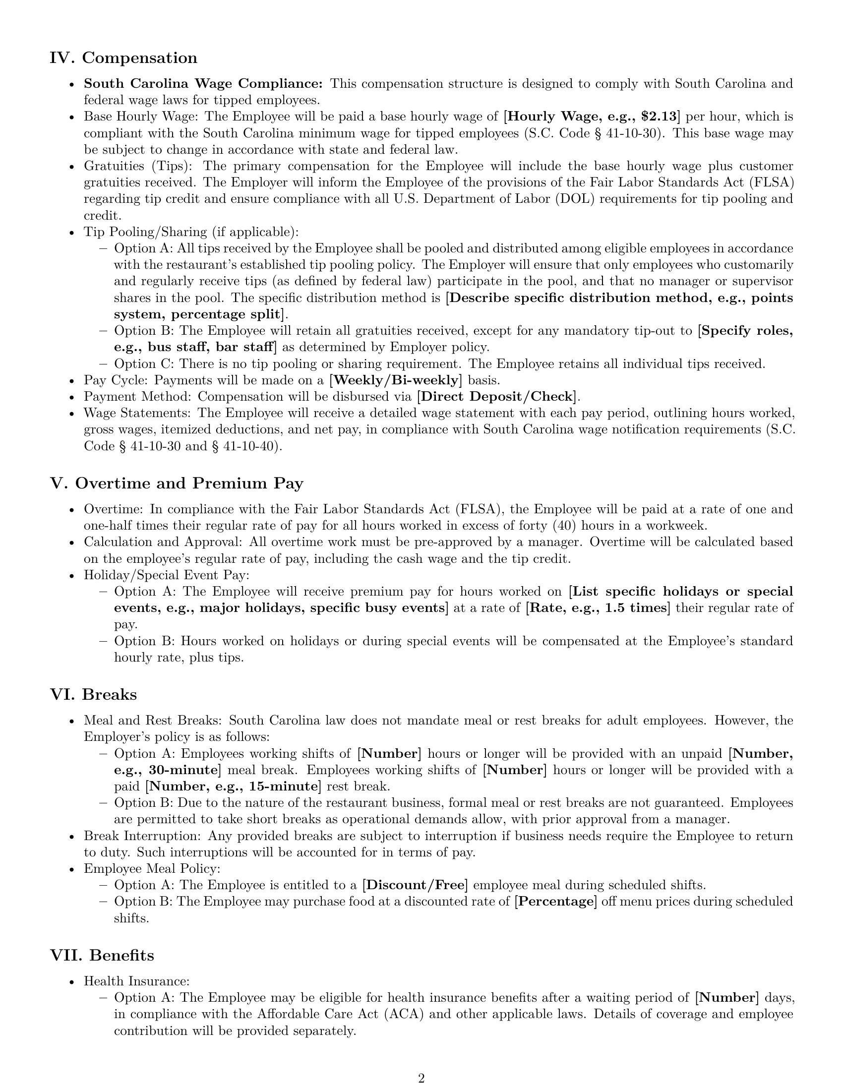 Preview page 2 of Pro South Carolina restaurant server employment contract template