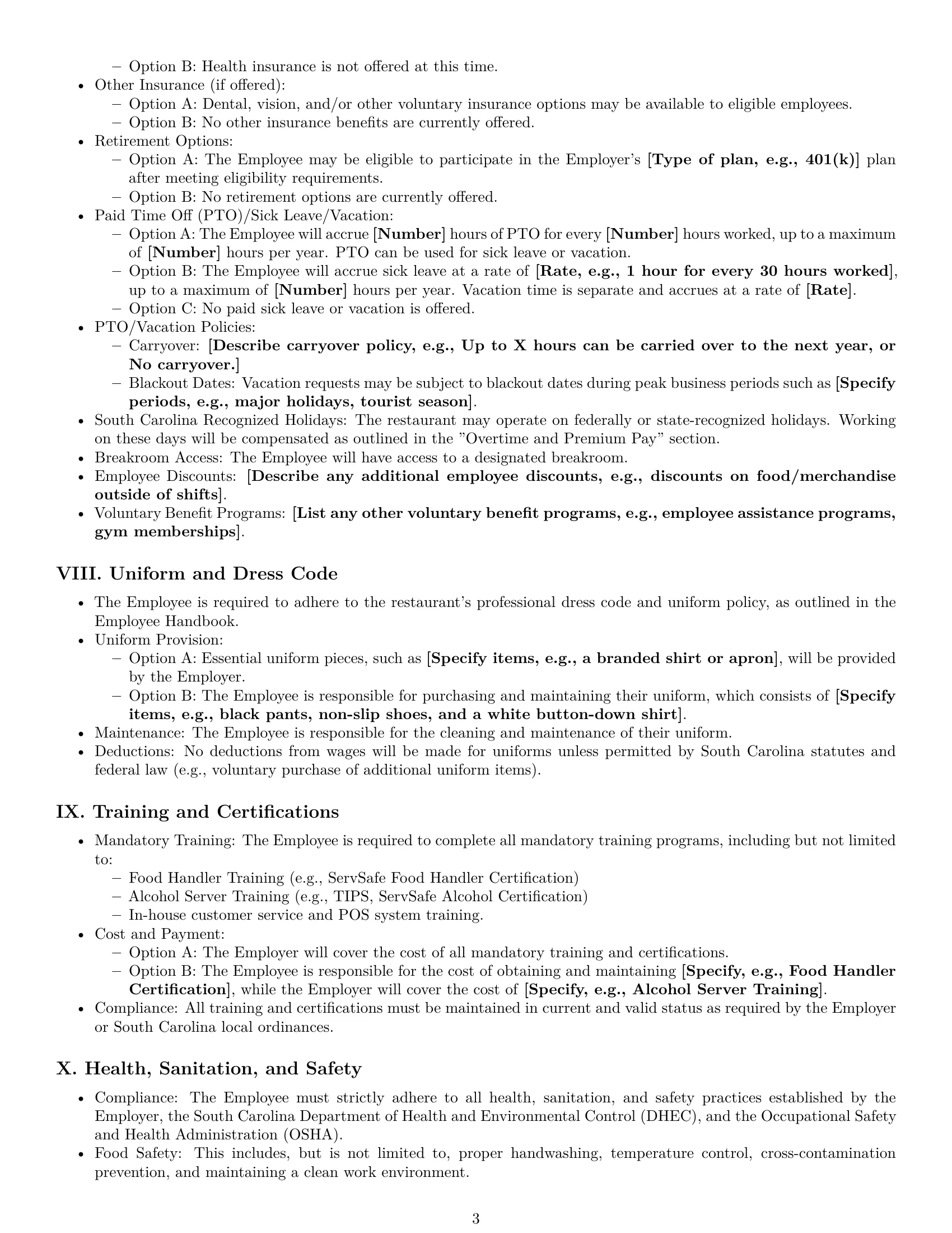 Preview page 3 of Pro South Carolina restaurant server employment contract template