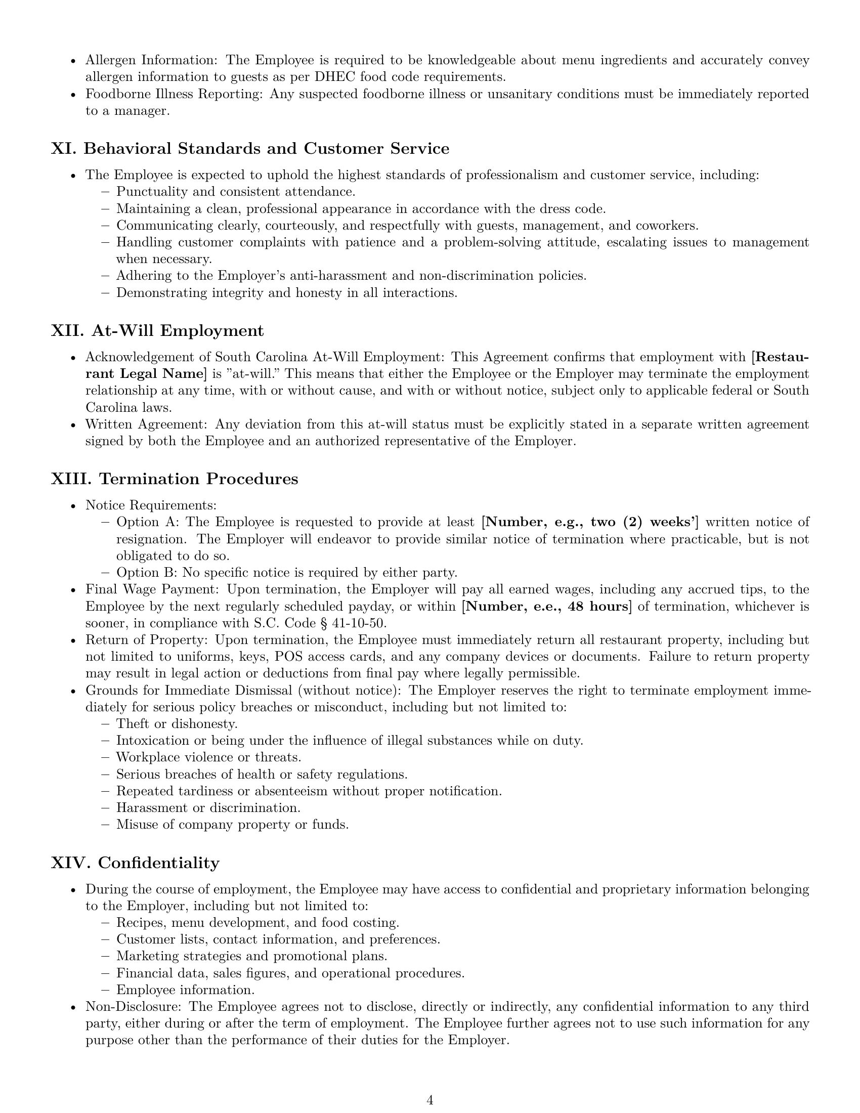 Preview page 4 of Pro South Carolina restaurant server employment contract template