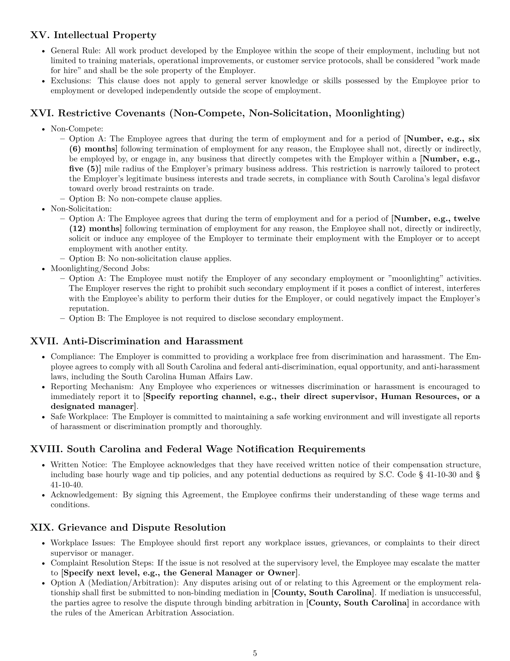 Preview page 5 of Pro South Carolina restaurant server employment contract template